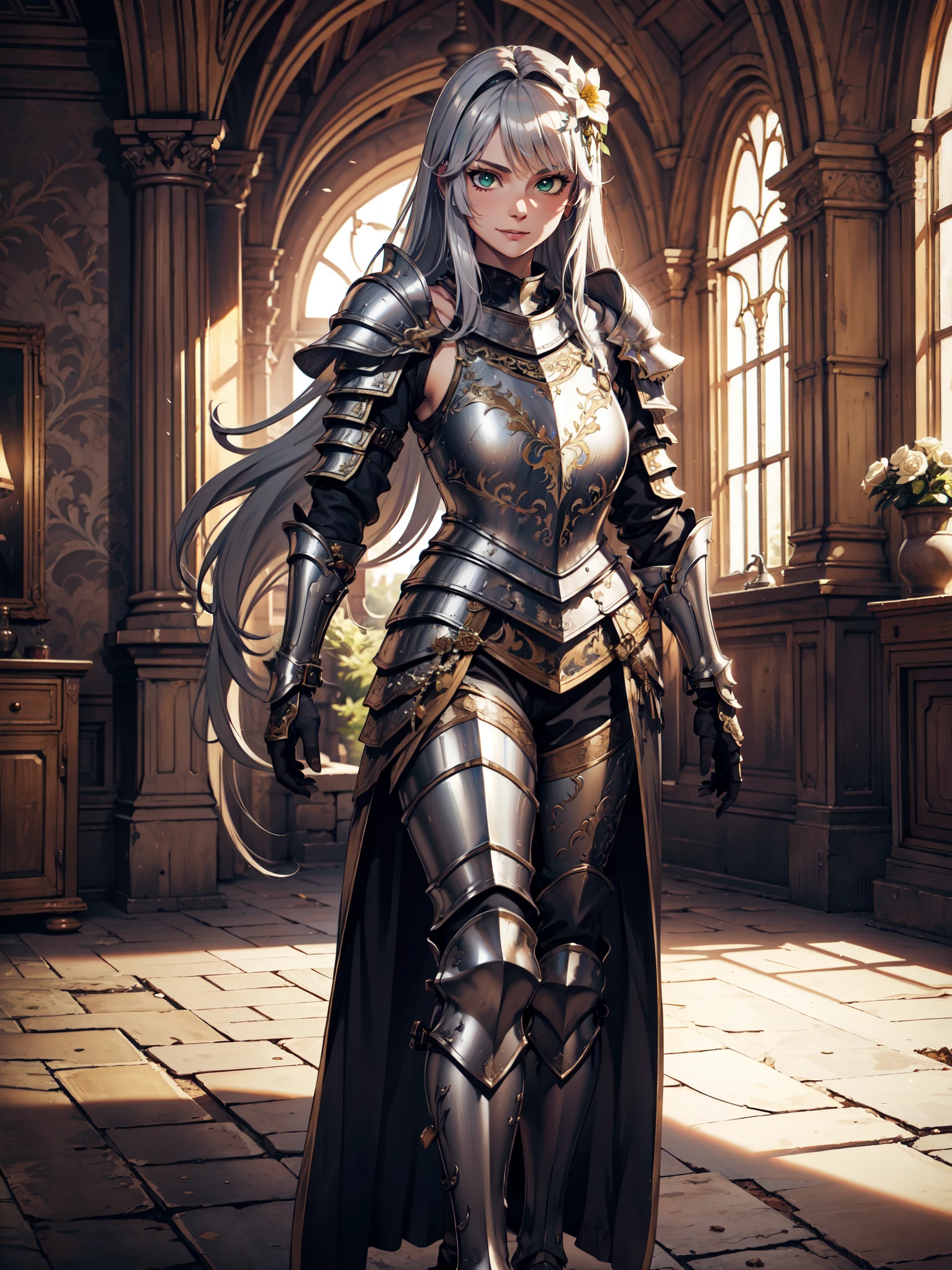 Ultra High Definition, Ultra High Quality, Hyper Definition, Hyper Quality, Hyper Detailed, Extremely Detailed, Perfectly Detailed, 8k, 1 Anime Female, ((Long Silver Hair)), Noble Armor, ((Leg Armor, Armored Pants, Symmetric)), Gloves, Solid Green Eyes, Cheerful Expression, White Flower Barrette, Armored With Full Coverage Noble Plate Armor, Leg Armor, Mansion Room Panoramic Background