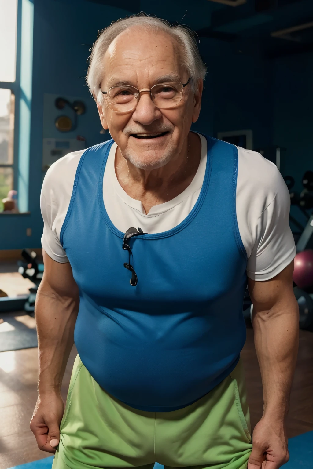 A happy, adorable old man waiting to be seen by the personal trainer at the gym. He spends his days on Disney-Pixar-style illustrations. (best quality, 4k, A high resolution, artwork:1.2), ultra-detailed, realistic:1.37, vibrant colors, playful lighting, detailed facial features, joyful expressions, comfortable gym, Disney Pixar animation style, moving , detailed workout clothes, cozy atmosphere, friendly atmosphere, A kind-hearted old man, colorful background, Warm and pleasant, peaceful atmosphere, Pixar-style character design, whimsical details, Alluring composition. #cartoon #pixar style