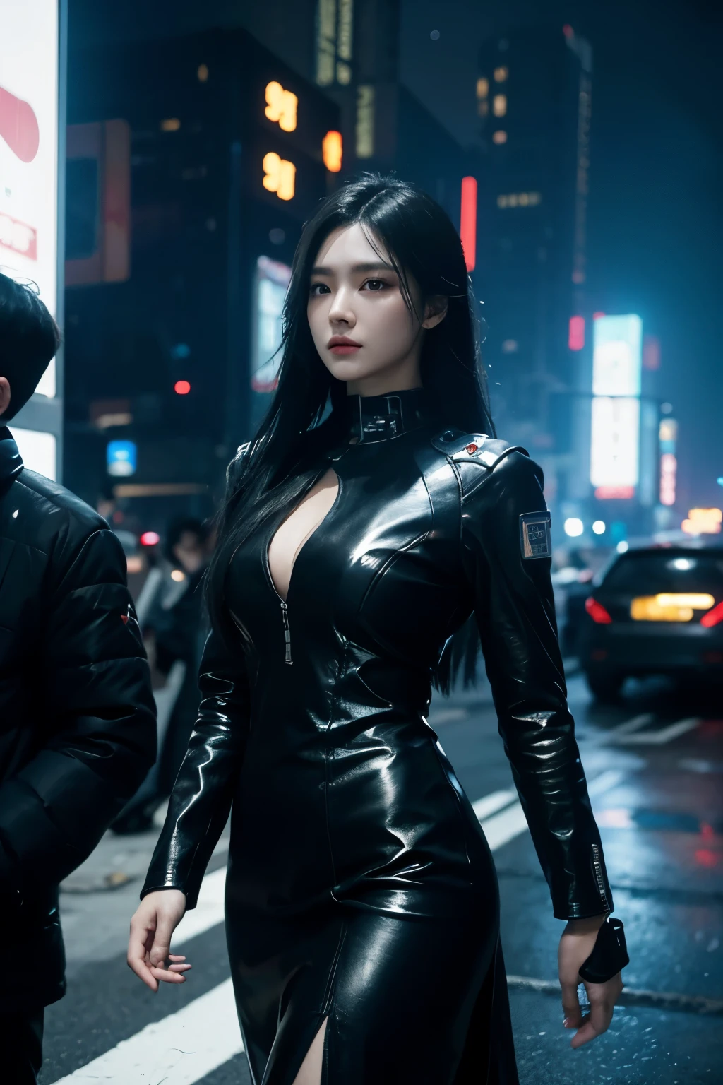 a woman, black hair, long hair, korean, shiny dress, cyberpunk, futuristic city, ((masterpiece)), ((best quality)), cyberpunk style, detroit become human style.