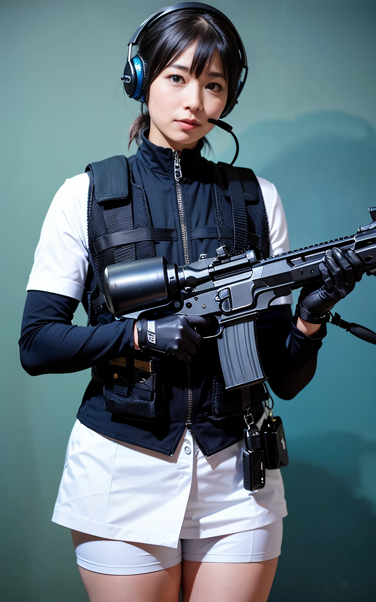 ((Best Quality, 8K, Masterpiece: 1.3)), ((best quality)), photorealistic, photorealism, Photorealistic, high resolution, 1girl aiming with an ak-47 assault rifle, Combat pose, looking at the camera, (Detailed face), short hair, plump and muscular:0.7, (wearing black rubber suit, tactical vests, military harness, black gloves, high-tech headset), cloths color based on black), revealed thigh, Gun, Fingers are occluded, concrete wall background,