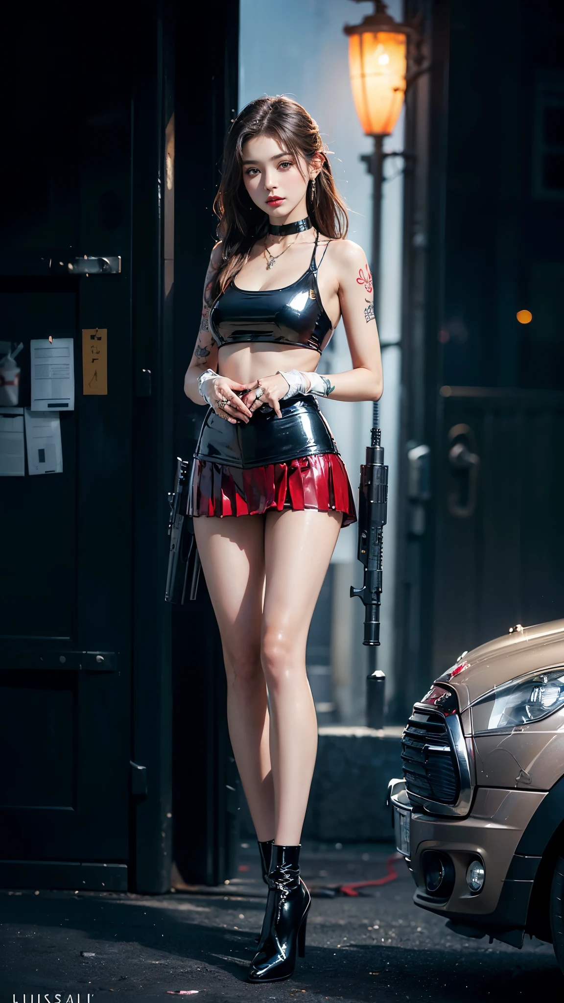 ((masterpiece:1.4)、(highest quality:1.4)、(realistic:1.7))、master piece:1.4、(Finest rendering:1.4)、(Female SWAT member of the 73rd Division of the Space Federation:1.4)、Super beautiful捜査官、(Written by Luis Royo:1.4)、(hold a gun:1.2)、Body Fit Sexy Uniform、(Luxurious shiny latex:1.4)、(Navy blue sleeveless uniform jacket)、(Underwear White Sexy Super Ultra Bikini)、(luxury red latex:1.4)、(Red pleated mini skirt:1.4)、22 years old、(cute tattoo:1.4)、(wearing white gloves)、cute girl、Super beautiful、sharp focus、portrait photography:1.4、8k、realistic photo images:1.4、(perfect female body:1.4)、perfect proportions、(full body photography:1.4)、beautiful face、Fearless look、beautiful eyes、narrow waist、(Beautiful girl with long legs and good style:1.4)、beautiful feet、(long hair:1.2)、beautiful breasts、big breasts:1.2、sexy butt、(Standing facing the front:1.4)、Raw photo、red lips、red high heels:1.4、choker:1.4、necklace:1.4、earrings:1.4、1 screen display、Beautiful night view of Cyberpunk City:1.2