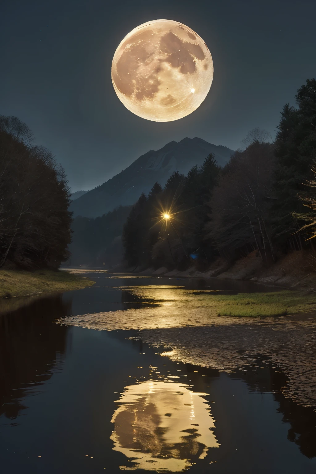 Best quality, masterpiece collection, Mountain,sparkling light reflection moon light in water, big moon, river, forrest ultra detailed art, super detailed, 24K Ultra high definition resolution, glowing and shining lit effects, rendered by Nvidia RTX