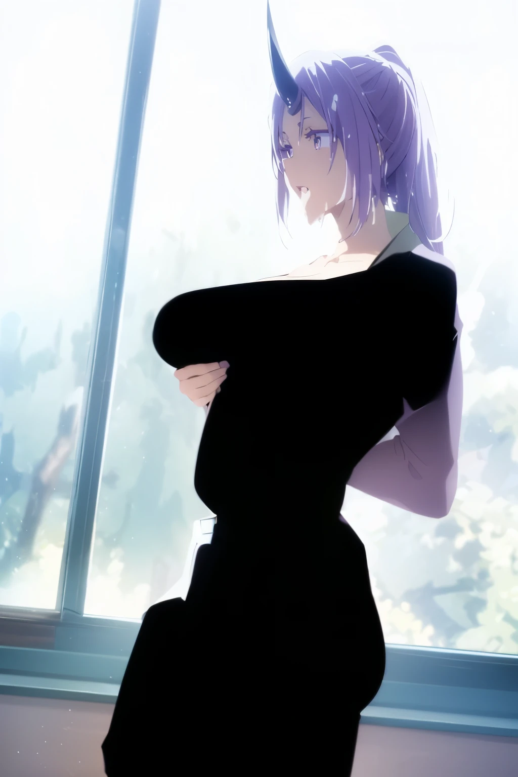 (masterpiece, best quality), (finely detailed beautiful eyes), (finely detailed eyes and detailed face), (scenery), (extremely detailed CG, ultra-detailed, best shadow), Tight Clothes, look at viewer, ung girl, solo, smile,vintage, romantic, long and wavy hair, blond hair color, light foundation, soft pink , large breast,shion, black horns, hair intakes, horns, long hair, ponytail, oni, oni girl, oni horn, oni horns, (purple eyes:1.1), purple hair, single horn, belt, belt buckle, black belt, buckle, cleavage, collarbone, jacket, long sleeves, office lady, pants, purple jacket, purple pants, wing collar, green collar