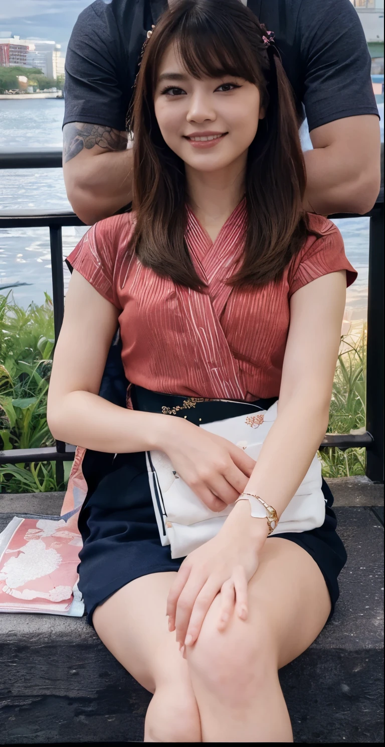look at camera,(((top quality, 8k, masterpiece))), crisp focus, (beautiful woman with perfect figure), slender, (hairstyle: up)), ((kimono: Kara)), street: 1.2 Highly detailed face and skin texture Detailed eyes Double eyelids random posture, (smile),super cute Japan person,super beauty Japanese girl, realistic face, double eyelid,smile,summer festival , at sunset , beautiful tooth , fire-works back-ground.