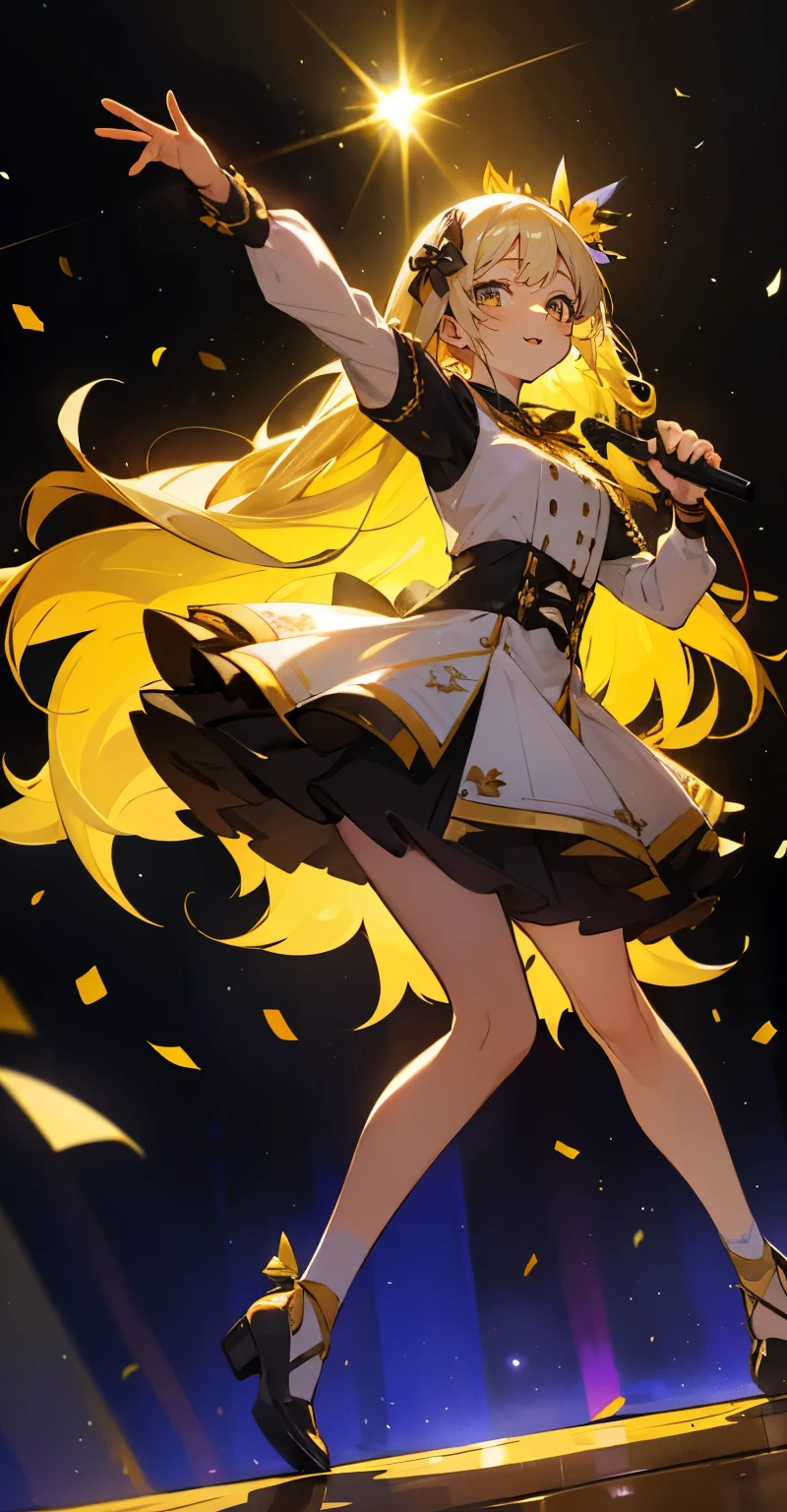 (muste piece), (best quality), very detailed, ((1 girl)), solo full body shot,Low - Angle,dynamic,jump,((happy face)),perfect face, beautiful face, very detailedな顔,(blonde long hair_yellow eyes:1.3),idol costume,Solo Idol,Ribbon hair ornament,concert dome,live,have a microphone,singing,Smiling with mouth wide open,Laser Light,confetti