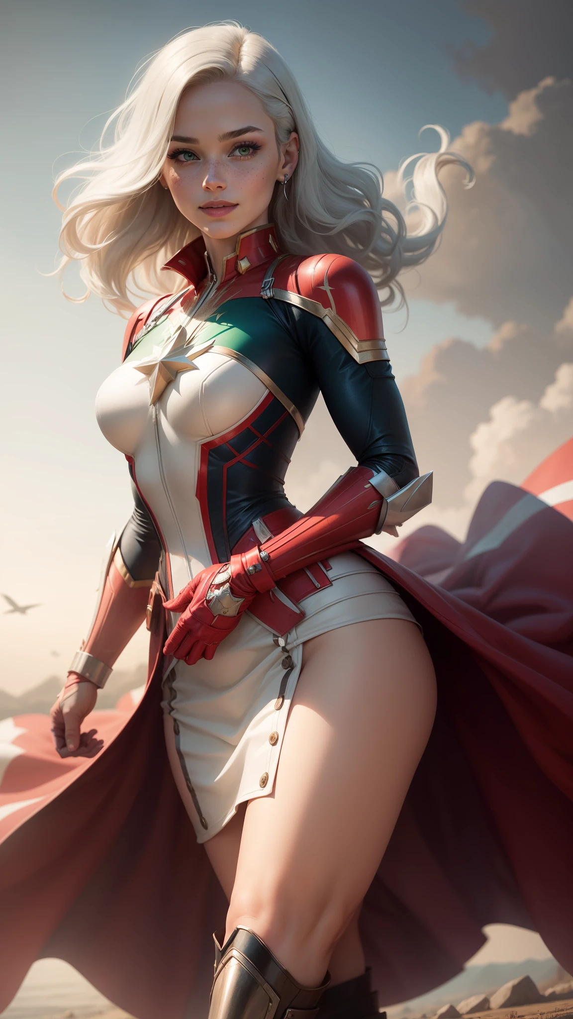 gwen tennyson,captain marvel,tracaer,solo girl,overwatch,atelier ryza,close up,siege battle,tattoos,scarlet and white plugsuit,white short sleeve knight top, short sleeve full plate knight armor,long knight skirt,silver knight corset,long curly hair,princess makeup,green eyes, multicolored silver hair,long dress train, sexy smile,freckles,beautiful girl,knight thigh high boots,large breasts,8k,ultra detailed,realistic,fantasy art,silver knight uniform,queen gown dress,ear piercings,snowflake hand and neck jewelry,(weather:windy),long scarlet knight coat,battlefield,silver hair pin,