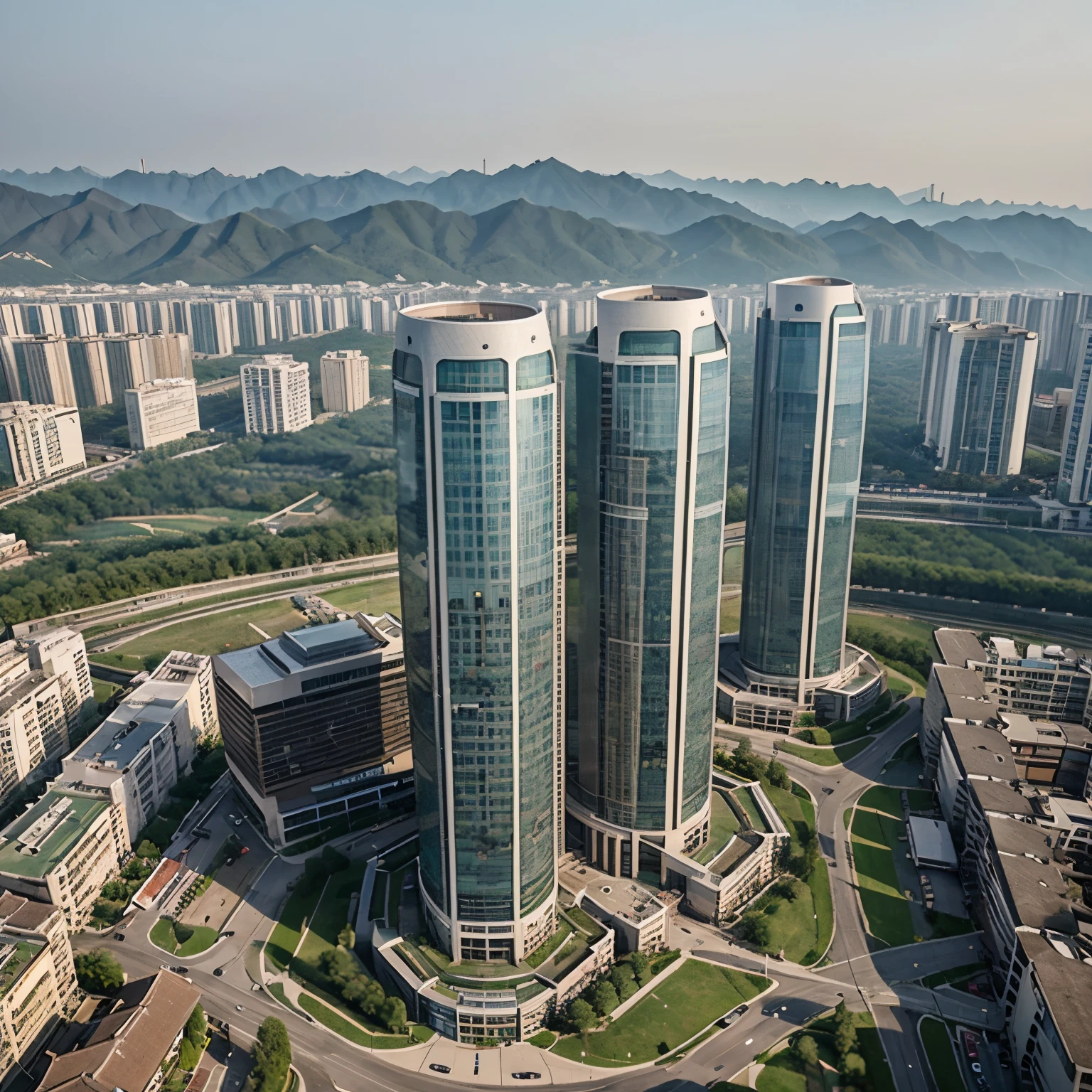 A landscape image of a financial institution building in the middle of the sheng gen city in china