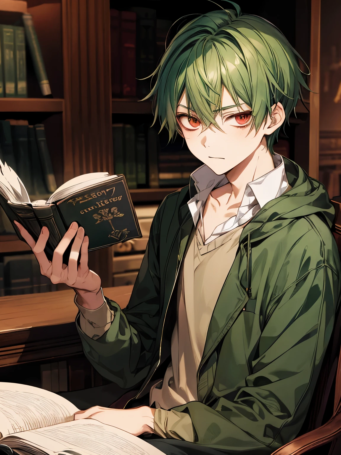 Green hair and eyes, boy, ager, red eyes, mysterious, fantasy, reading a book, thinking, staring coldly