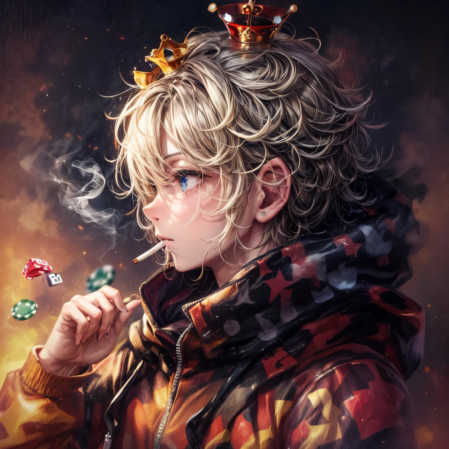 ((worst quality, low quality)), ((Close-up:1.3)), (face focus), (profile photo), Handsome man in his 30s, cigar, (cigarette in mouth:1.3),tattoo, Muscle granules々,manly,hoodie, (hood up:1.5), (put a small crown on your head:1.4), low angle shot, (Spotlight:1.2), gratuity, Playing cards fly, ((casino background:1.5)), highest quality,Super detailed, masterpiece,