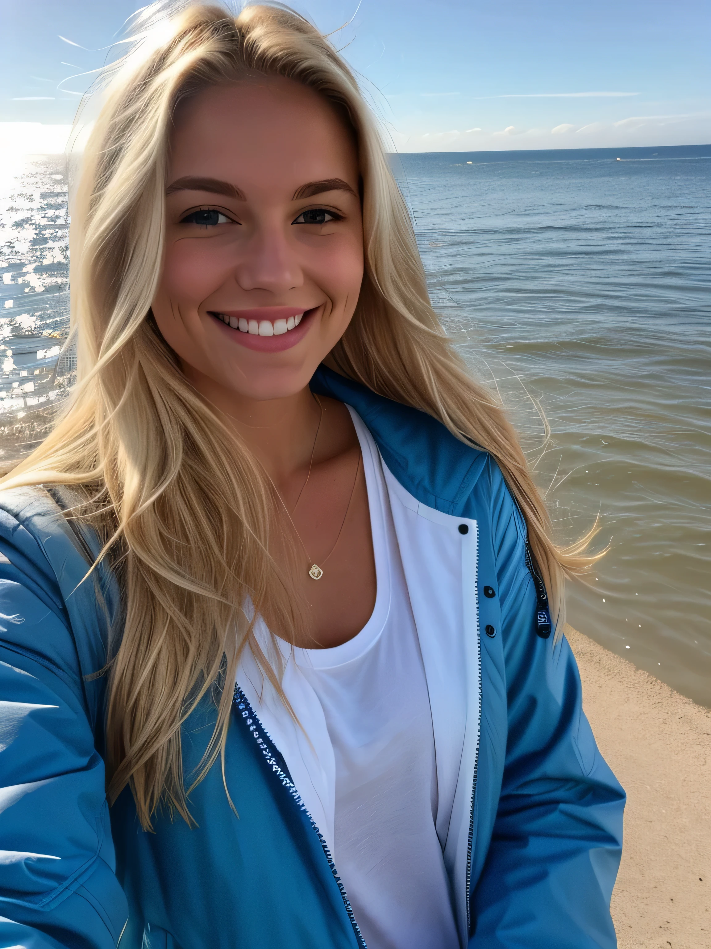 une femme blonde souriante de 23 ans fait un selfie en plein air au bord de la mer, Très beau temps, his face is very well lIl in the light, Il's February Il's 1p.m. Le soleil est haut dans le ciel, la lumière vient de derrière la caméra devant elle, on voit la mer en arrière-plan, la mer couvre tout le fond, grand ciel bleu ensoleillé, Photoréalisme, Cheveux blonds wIlh the racines châtain clair, cheveux blond, Cheveux avec des racines brunes, yeux bleus, belle femme, vue de face, un blouson d'hiver bleu, high qualIly, selfie