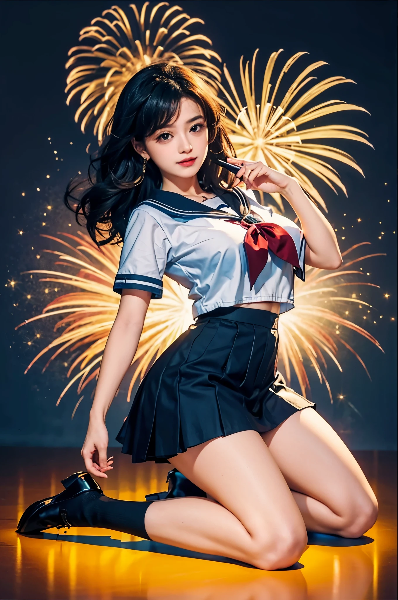 8K, top quality, masterpiece, high definition, ultra high definition, 1 girl, 18 years old, (wearing white vacuum fluoroscopy uniform: 1.5), white mini skirt, wet white underwear, solo, (full body), (brown hair), (spread legs), black eyes, beautiful and delicate eyes, delicate skin, slim body, big breasts, thin thighs, feet in leather boots, fireworks background, (front), looking up into the lens, lower abdomen, background blur, Focus on depth of field