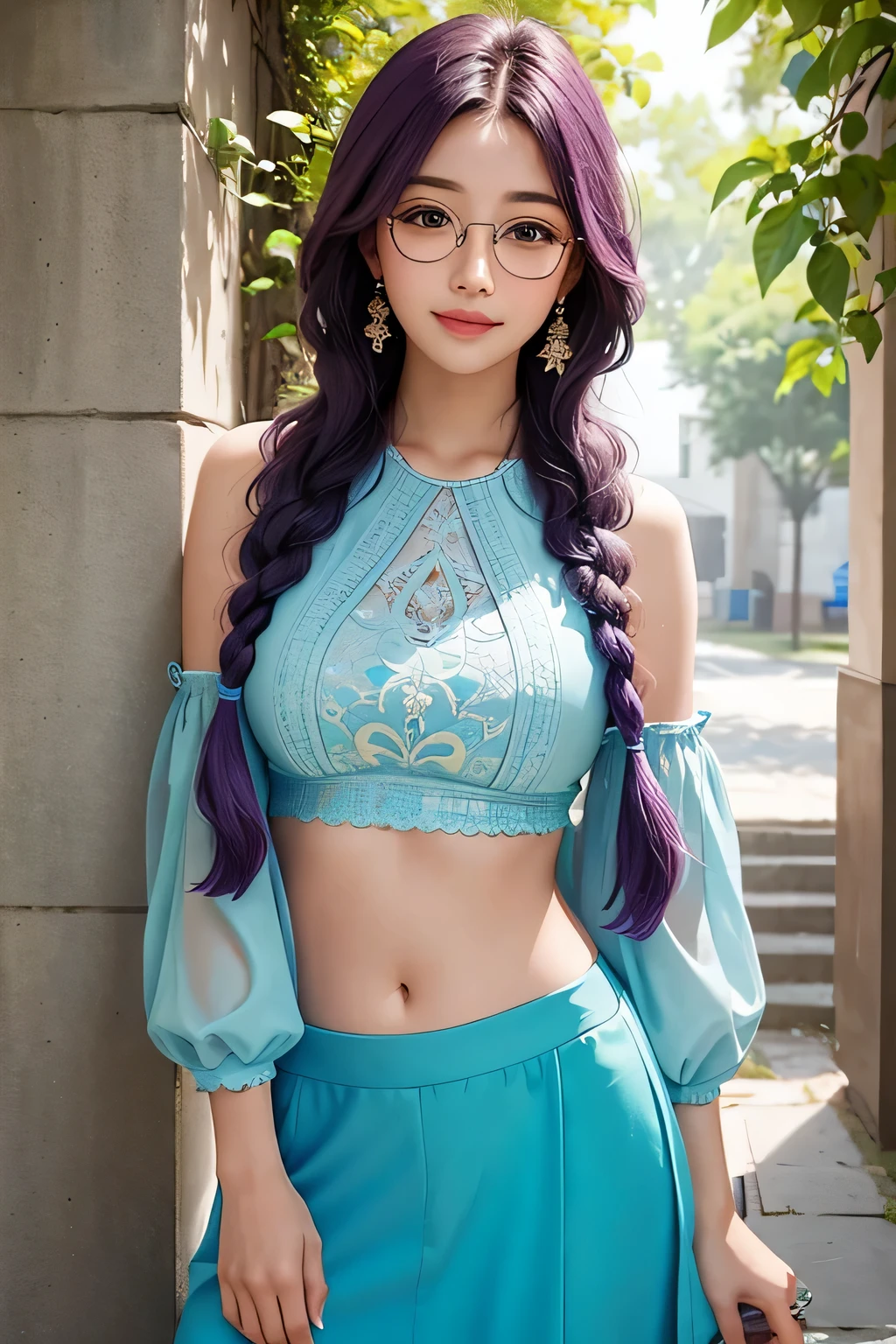 Intricately detailed portrait of a beautiful girl, taken in a long shot. She is depicted with a shy and charming smile playing upon her lips, her big turquoise eyes hidden behind round glasses that add to her adorable and intellectual appearance. Her long flowing purple hair is styled with intricate braids, cascading over her shoulders and down her back. The girl wears a blue top that reveals her bellybutton, adding a touch of playfulness to her outfit. The sunlight filters in through the background, highlighting every curve and contour of her features, making this a truly captivating masterpiece. (Top quality, Realistic, Ultra-detailed, Long shot, Beautiful girl, Shy, Big