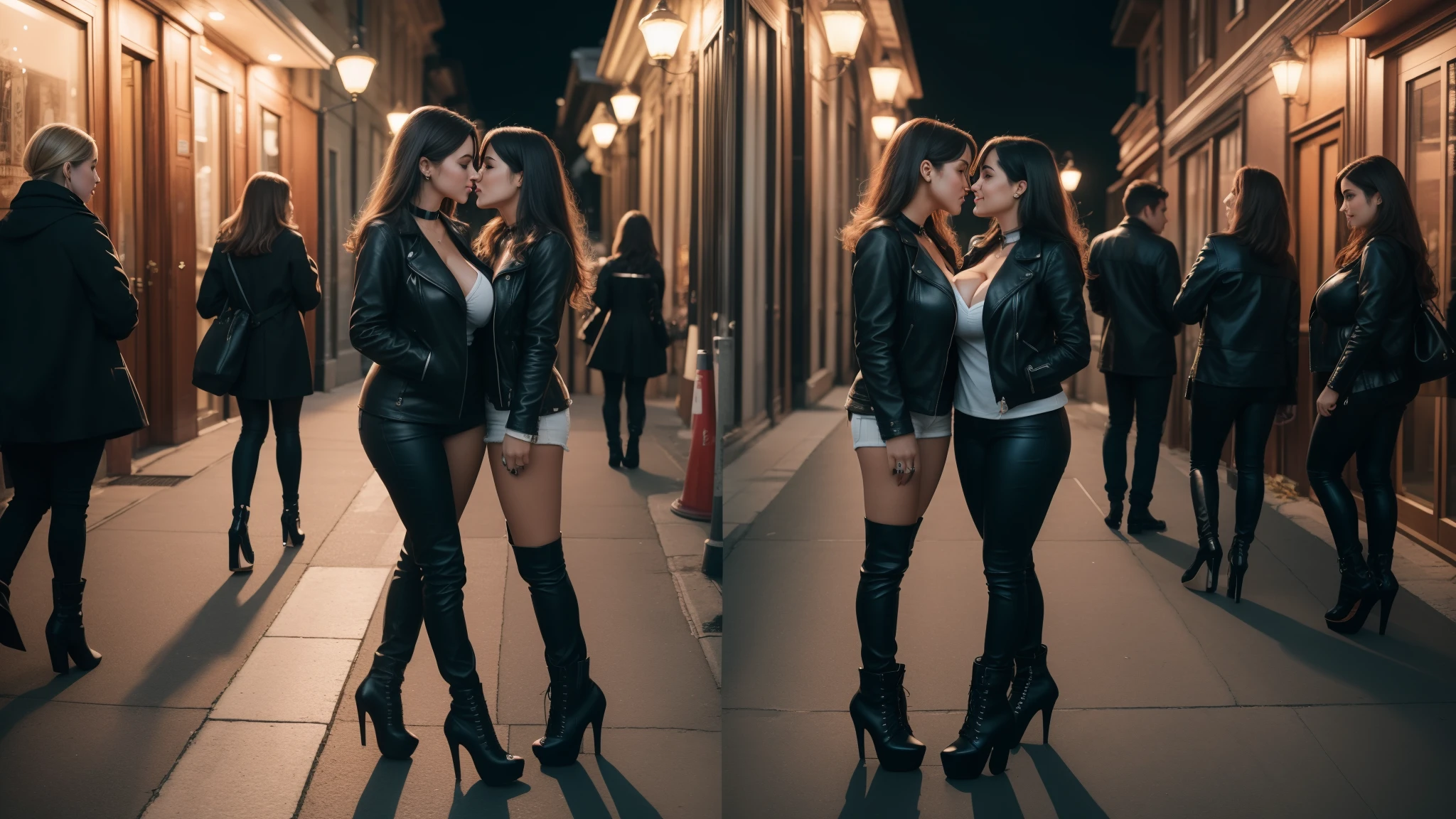 Capture a photorealistic, hyper-detailed image of 2 girls together in a single frame, smiling, kissing, Dark hair, bob_cut hair, hair band, choker, (black high heeled platform boots:1.2), (big breasts:1.5), one is a curvy Russian woman in a black leather jacket at a party and white long pants with bell bottom ends. Another is a Russian girl who is of average build, with small . realistic skin texture. party in the background. Use film grain and ambient street lighting to create vintage shadows. evening. Export in RAW with a 'vintage elegance' Instagram LUT