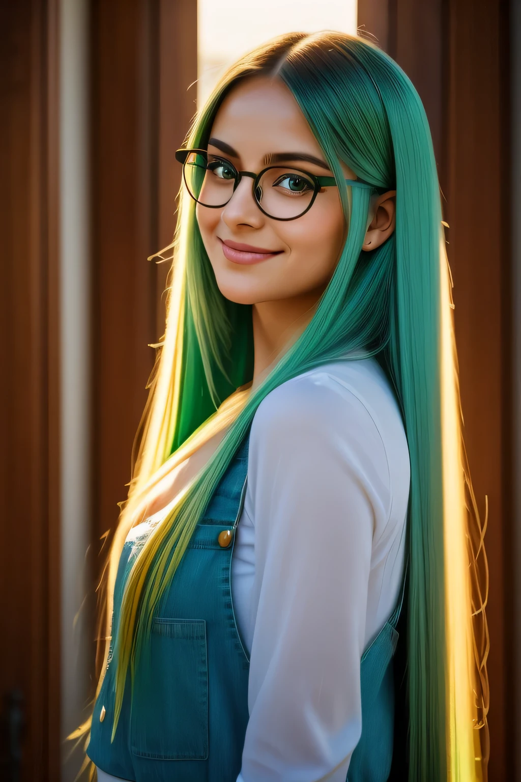 Beautiful smiling girl, with big turquoise eyes gleaming behind glasses, long straight green hair cascading down her back, wearing an orange top that reveals her bellybutton. The scene is captured in a long shot, allowing the viewer to fully appreciate her charming features and the vibrant colors of her outfit. The natural light illuminates her radiant complexion, adding to the overall enchanting atmosphere of the portrait. The details of her glasses, the texture of her hair, and the subtle shades of orange in her top are all rendered in stunning detail, adding authenticity and depth to the image. The background is blurred, drawing the focus solely on the captivating subject, immersing the viewer in