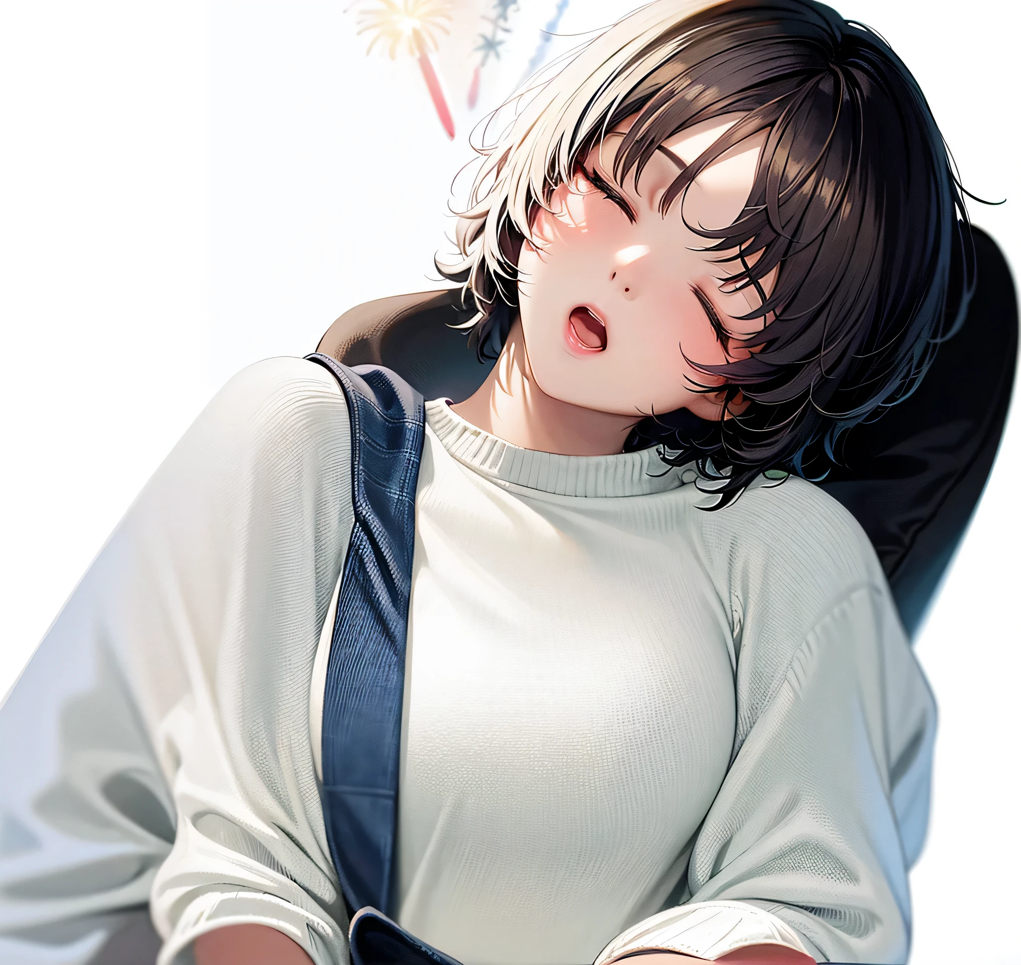 open mouth,short hair,sleeping girl,white sweater,firework background,Spring Festival