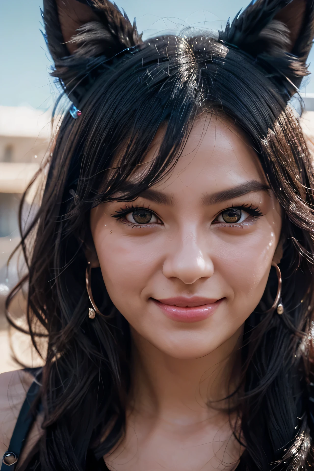 black hair, hair bobbles, wince, longeyelashes, solid circle eyes, fake animal ears, light smile, ear blush, fang, Surrealism, drop shadow, anaglyph, stereogram, tachi-e, pov, atmospheric perspective, 8k, super detail, ccurate, best quality