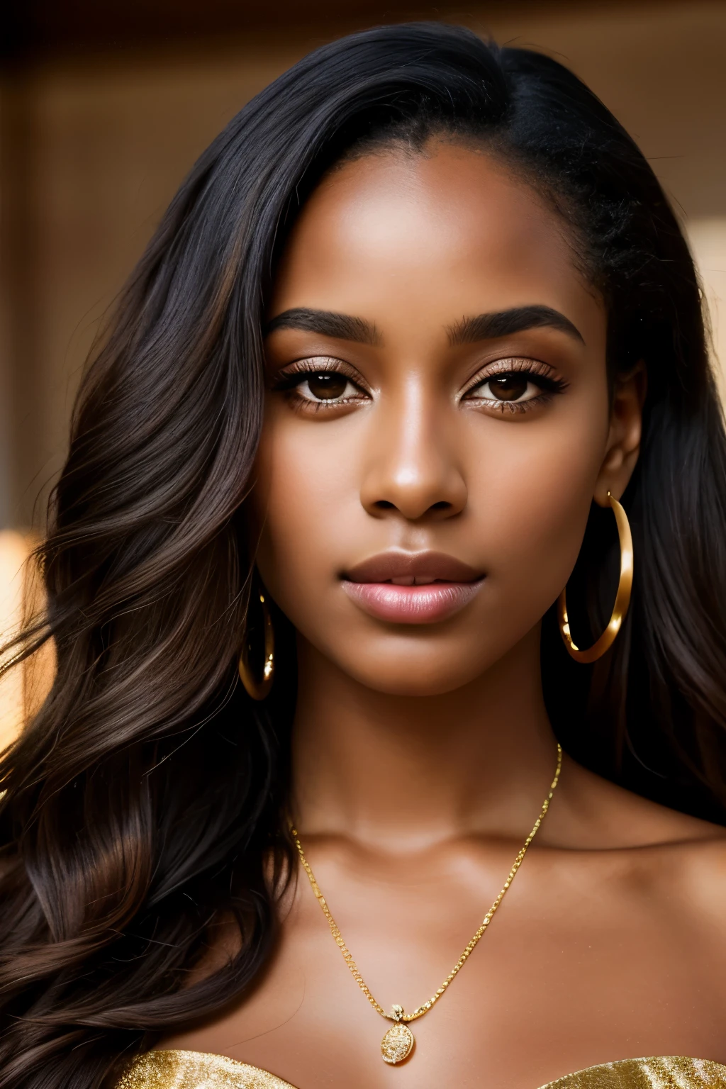 Beautiful black woman, solo, looking directly at the viewer, long curly hair cascading down her shoulders, radiant brown eyes, adorned with gold jewelry, full body, bare shoulders, realistic, highly detailed skin with visible pores and a soft, supple texture, expressive, well-defined pupils, natural makeup highlighting her features, Brilliant, super high-definition, film grain, low depth of field, centered, high contrast, portrait taken with a Canon EOS R5, bokeh effect, warm lighting, evoking an alluring and mesmerizing presence.