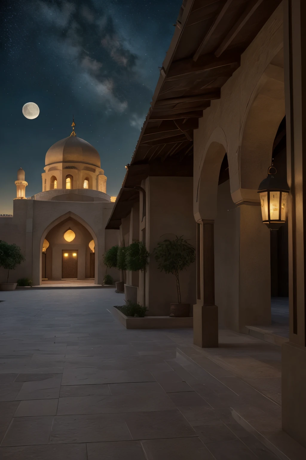 Best quality, masterpiece collection, lanscape, arabian lantern, open bible, mosque, moon, stars ultra detailed art, super detailed, 24K Ultra high definition resolution, glowing and shining lit effects, rendered by Nvidia RTX