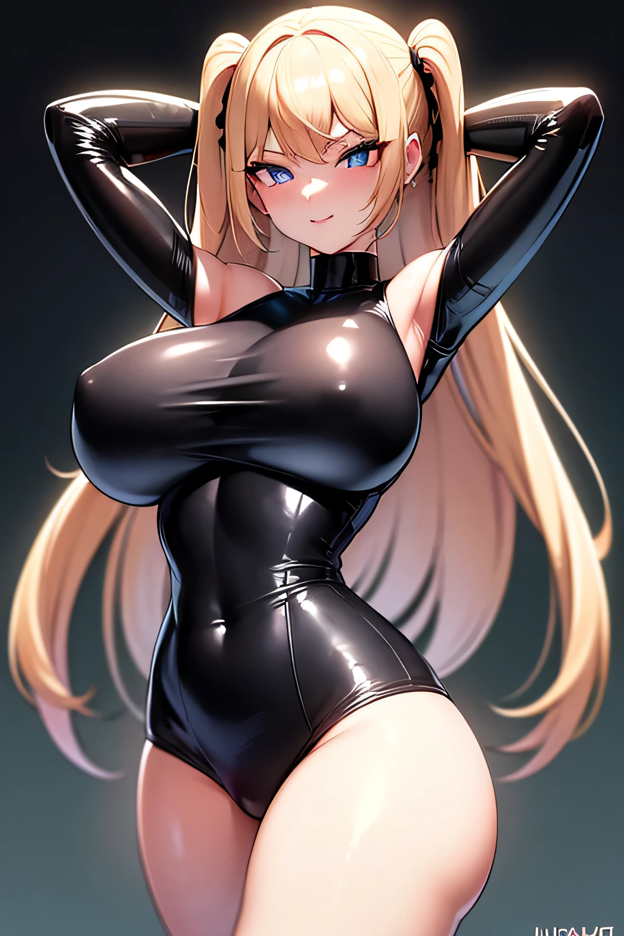 highres, ultra detailed, (masterpiece:1.4), best quality, symmetrical body, a beautiful 18 years old woman in sexy black latex dress with gloves, cute, solo, long hair, blonde hair, blue eyes, glowing eye, glow effect, finely eye, detailed face, looking at viewer, huge breasts, curvy, sun, rim light, outside, (sexy pose:1.4)