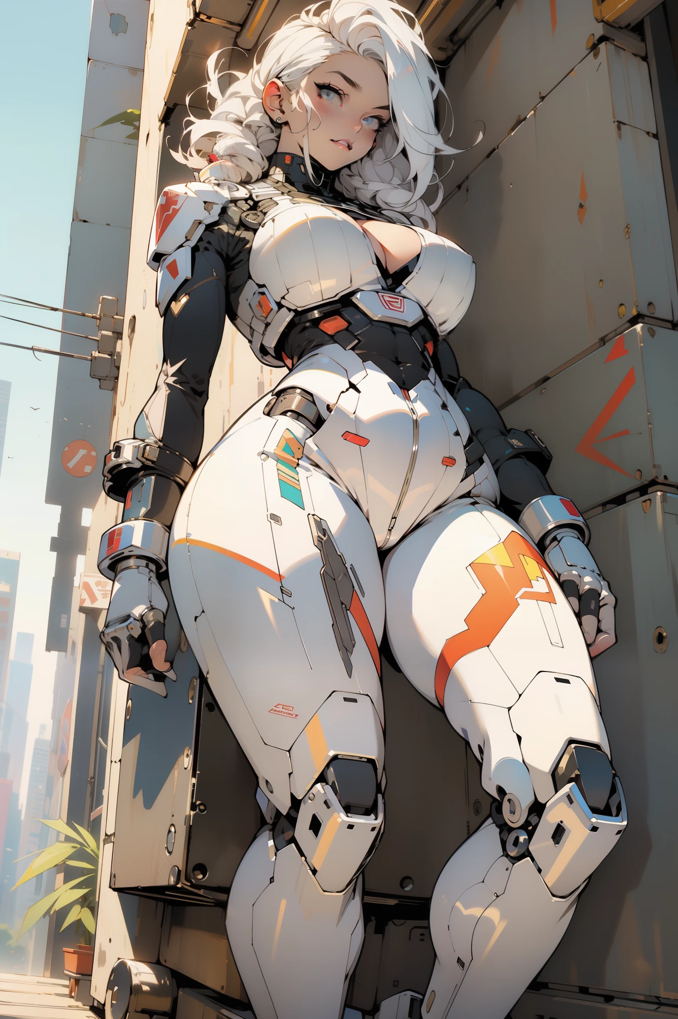 ((Best quality)), ((perfect masterpiece)), (detailed: 1.4), (Absurd), (((full body, curvy body, enormously gigantic tits, cleavage showing)), (((platinum white hair woman))), 21-year-old woman, Beautiful sexy busty woman, giant robot pilot, wild with perfect curvy body, wearing mecha battle armor little clothing, tiny thong, clothing with Japanese cyberpunk graphic patterns, halftone pattern and vertical stripes, earth tone, coming out of the body of a giant robot