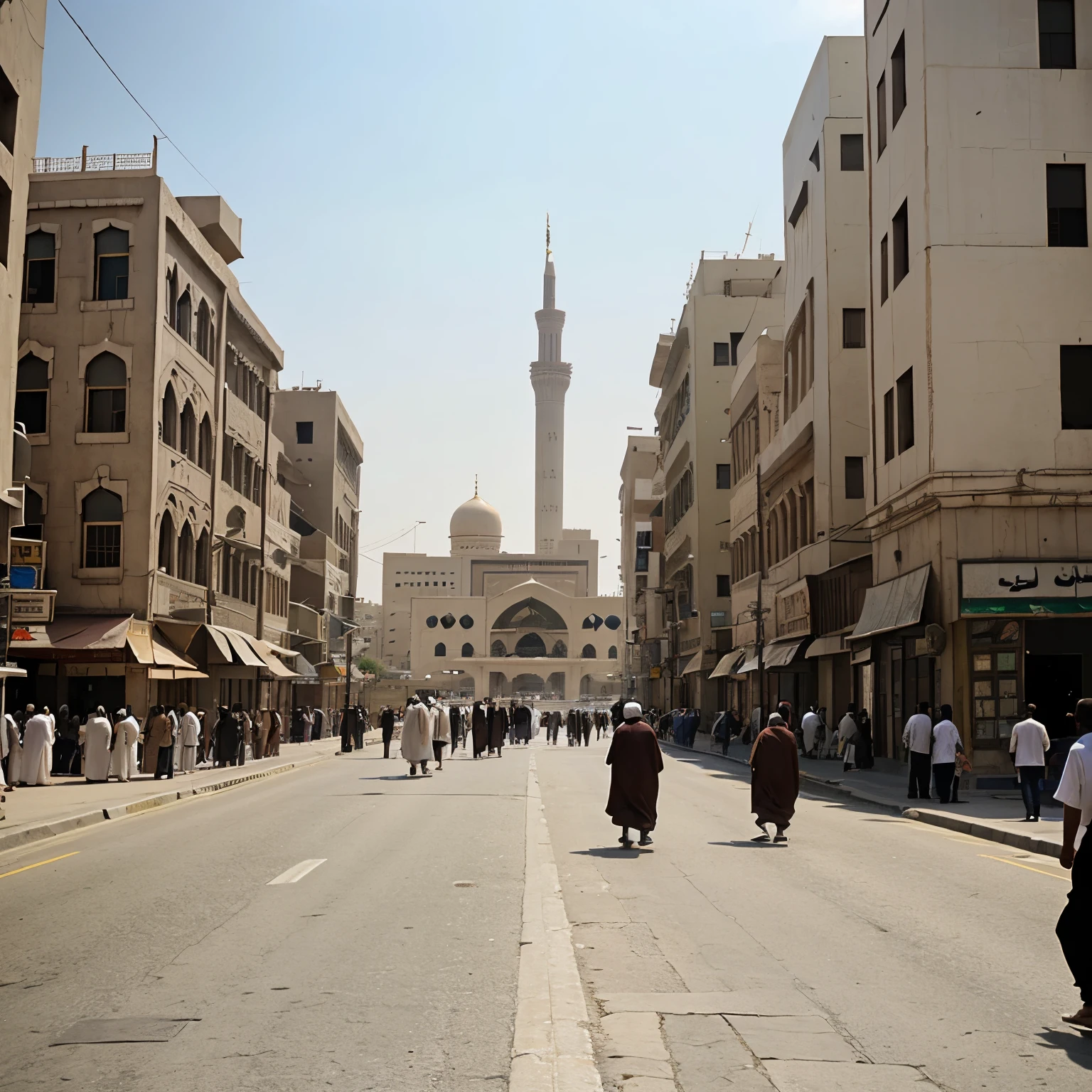 A landscape image of makkah, a sight in broad daylight pedestrians heading to the mosque, a cinematic scene
