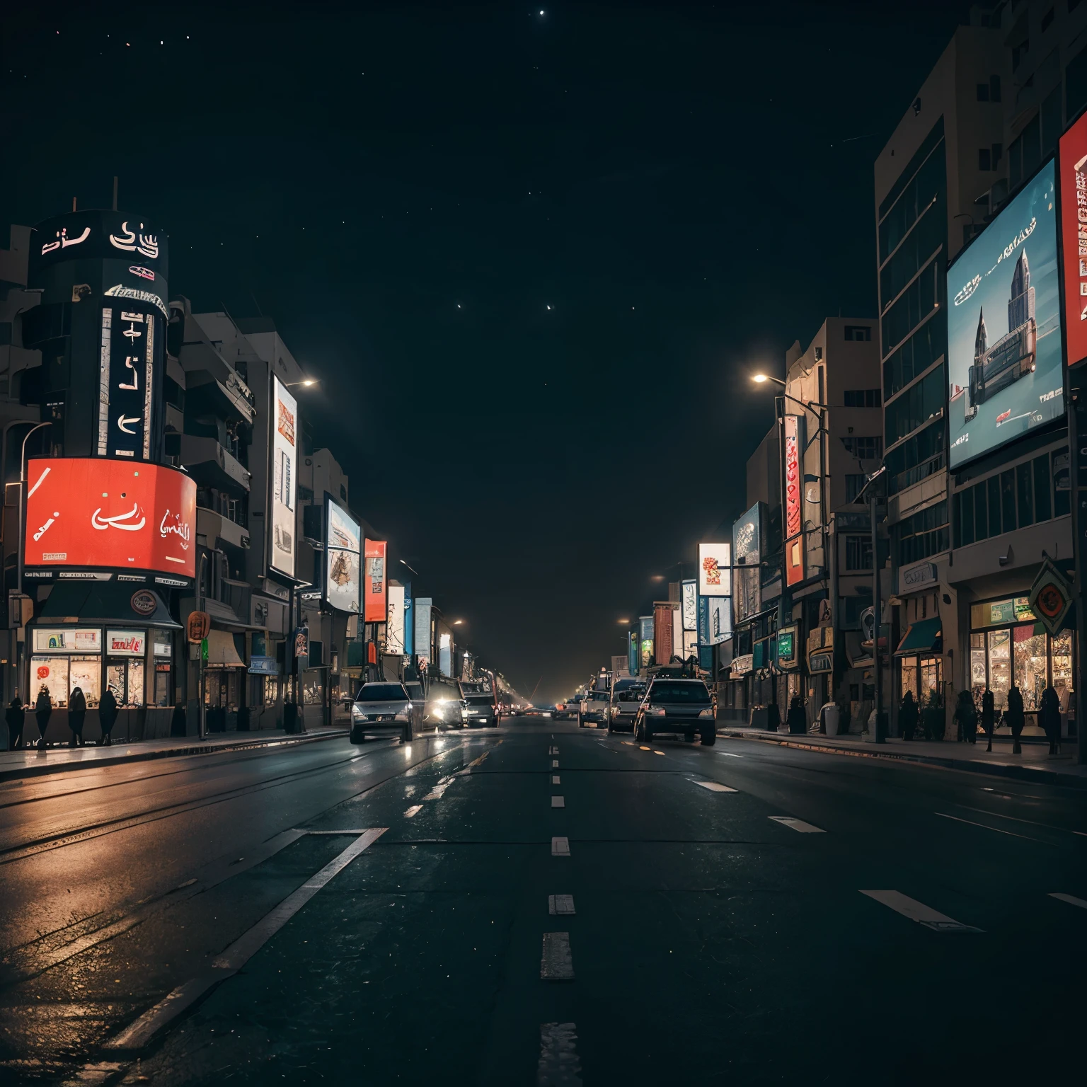 A realistic landscape image of saudi arabia ai night, a state of light coming from the brake light of cars and bright bill boards