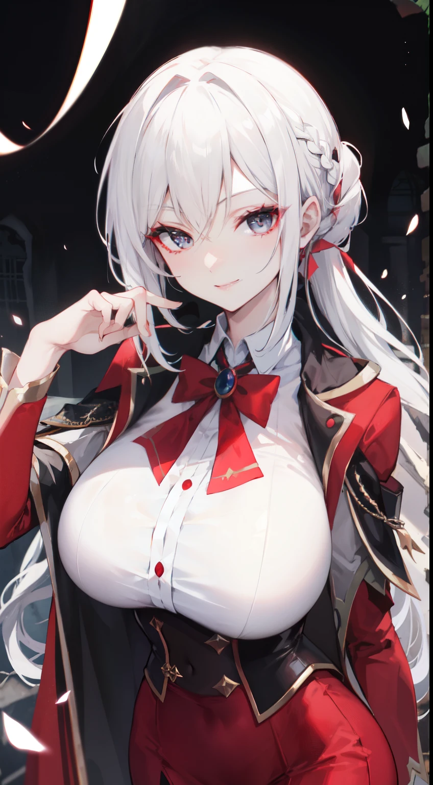 "4k, deep dark ruin without light, there's a elegant mature woman, White Hair, half braided hair, black eyes, huge breast wears  red wizard school academy uniform, she look cool, she have seductive smile."