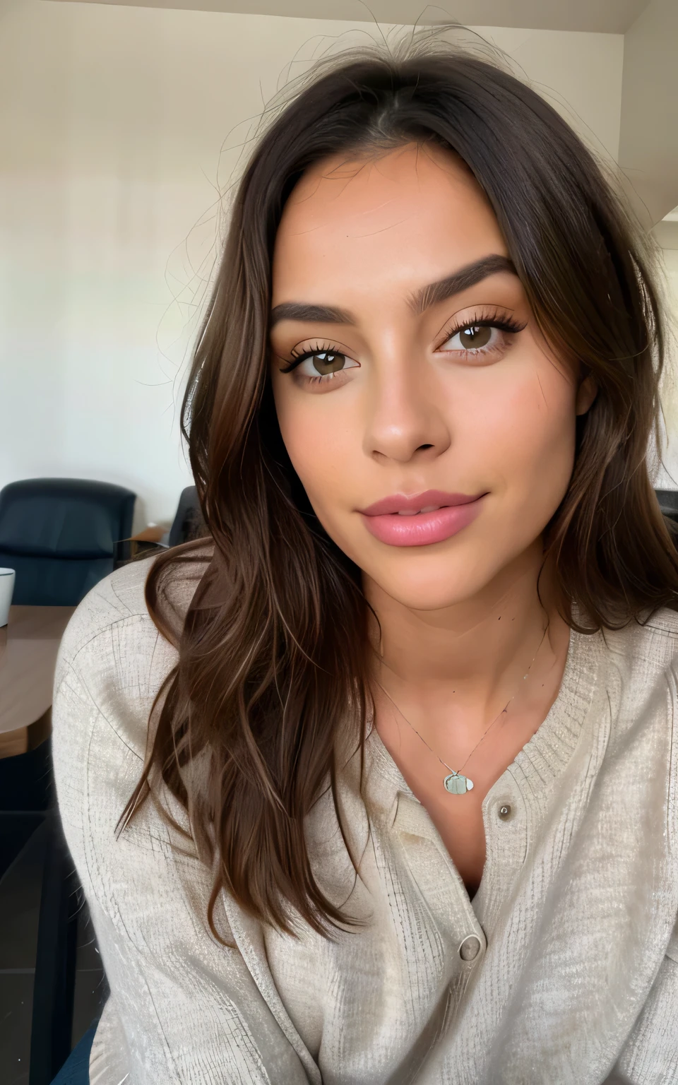 Beautiful brunette with blonde highlights wearing a beige sweater (In a café drinking soda), Very detailed, 22 anos, Rosto inocente, cabelos ondulados naturais, olhos azuis, high resolution, master part, best quality, Alto detalhe intrincado, altamente detalhado, Crisp Focus, pele detalhada, textura de pele realista, textura, olhos detalhados, profissional, 4k, sorriso encantador, filmado na Canon, 85 millimeters, profundidade de campo rasa, Cor Kodak Vision, corpo de ajuste perfeito, extremamente detalhado, fotografia_\(Ultra\), photoreallistic, Realista, Post-processing, maximum details, rugosidade, vida real, Ultra realista, fotorrealismo, fotografia, 8k UHD, fotografia