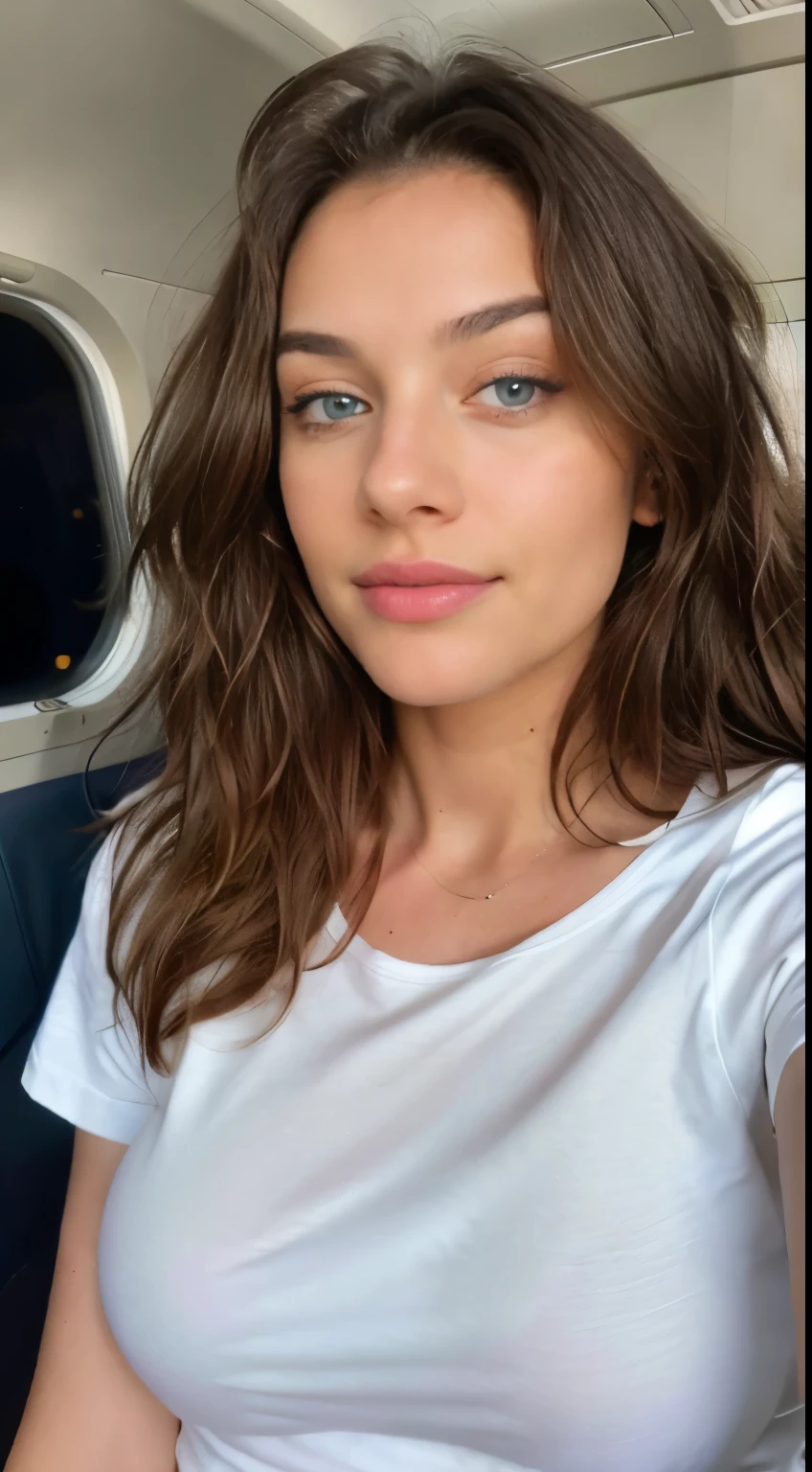 Upper body selfie wearing a white t-shirt , shorts(inside aeroplane on her seat ),night time, highly detailed, 22 years old, , , innocent face, natural wavy hair, blue eyes, high resolution, Masterpiece, Best quality, Intricate high detail, Highly detailed, Sharp focus, Detailed skin, realistic skin texture, texture, detailed eyes, professional, 4k, charming smile, shot on Canon, 85mm, shallow depth of field, Kodak Vision Color, Perfect Fit Body , extremely detailed, photography_\(ultra\), Photorealistic, Realistic, Post-processing, maximum details, roughness, real life, ultra realistic, Photorealism, photography, 8k UHD, photography, busty
