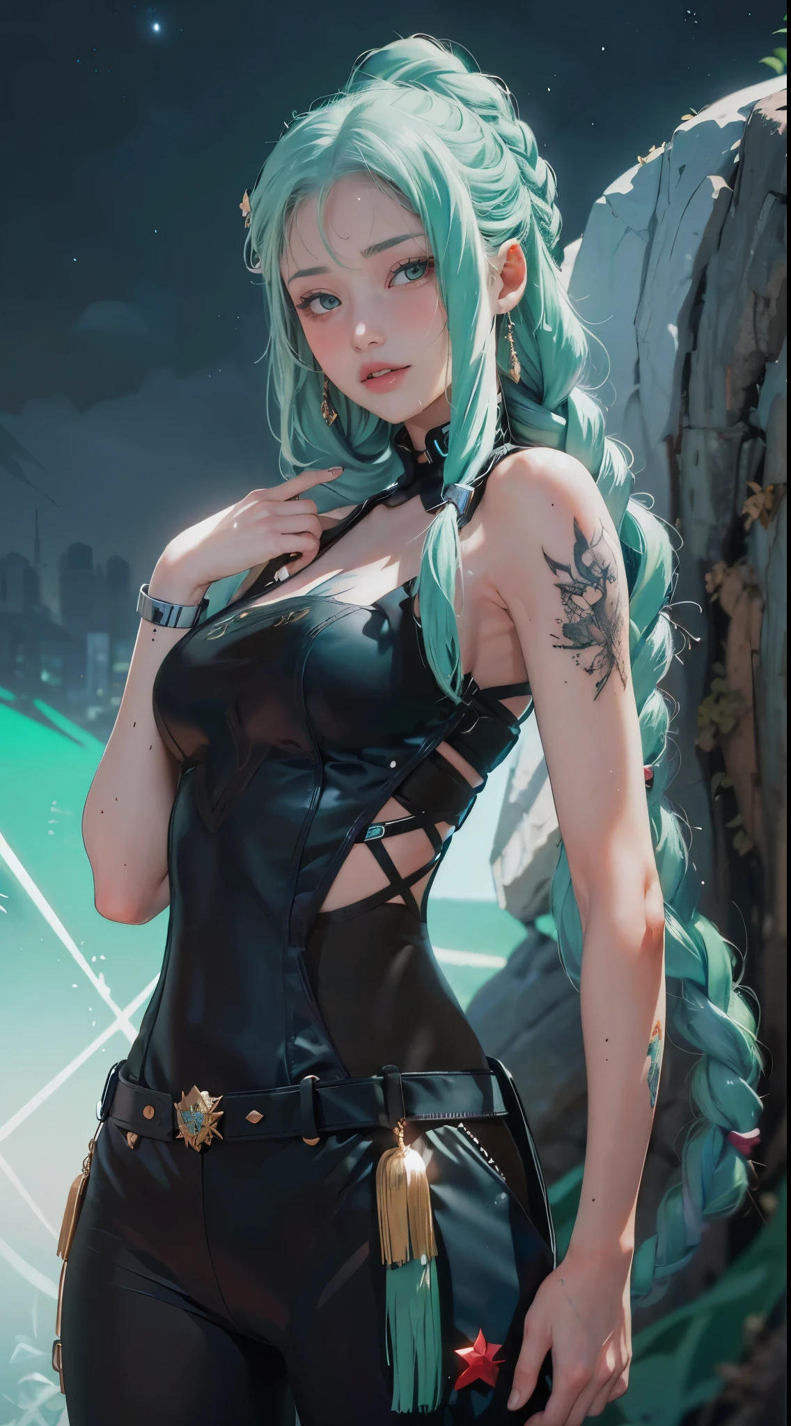 uma mulher com cabelo verde e tatuagens, mulher cyberpunk mulher anime, pants, Deusa cyberpunk raivosa bonita, estilo de arte cyberpunk, arte digital de anime cyberpunk, arte de anime cyberpunk, Arcane, Retrato, arte de anime cyberpunk, arte com tema cyberpunk, cyberpunk fantasia sombria, estilo arcano, 1 garota, stars tattoo on arm, asymmetrical bangs, franja, cabelo verde, green braids, camisa marrom, tatuagem de estrelas, lateralmente, cabelo verde, cabelo longo, olhos cor de rosa, Red lips, standing , tatuagem de nuvem, Twin braids. Jinx de arcano. Garota de cabelo verde, garota de Twin braids, uma garota em um lugar em chamas, spark, esferas de luz, Film Poster, Arcane\(Liga das Lendas\, 1 garota, stars tattoo on arm, asymmetrical bangs, franja, cabelo verde, green braids, camisa marrom, tatuagem de estrelas, lateralmente, cabelo verde, girl with twin braids and green color 