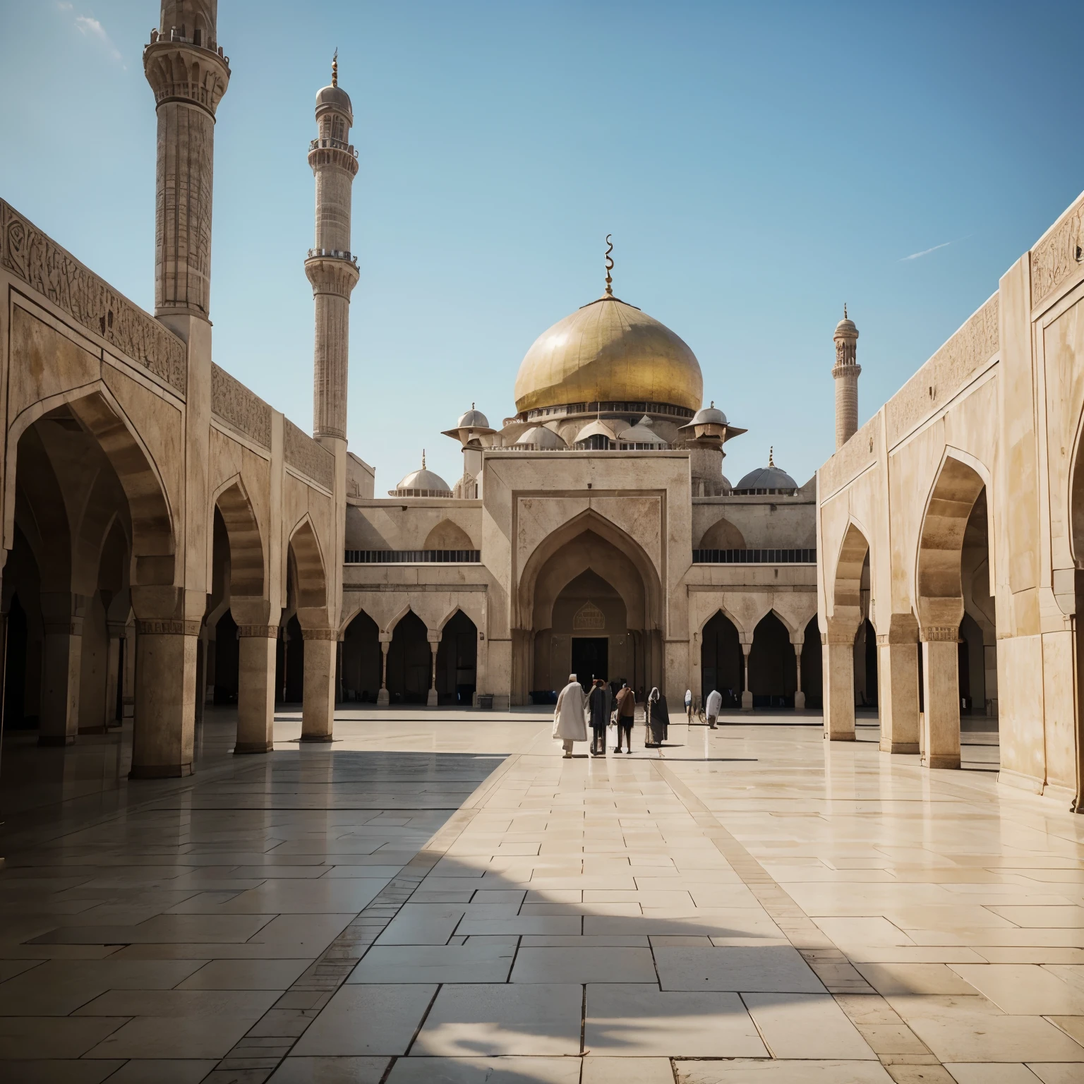 A landscape realistic image of a very big and luxuries mosque with pedestrians walking towards is, a cinematic shot