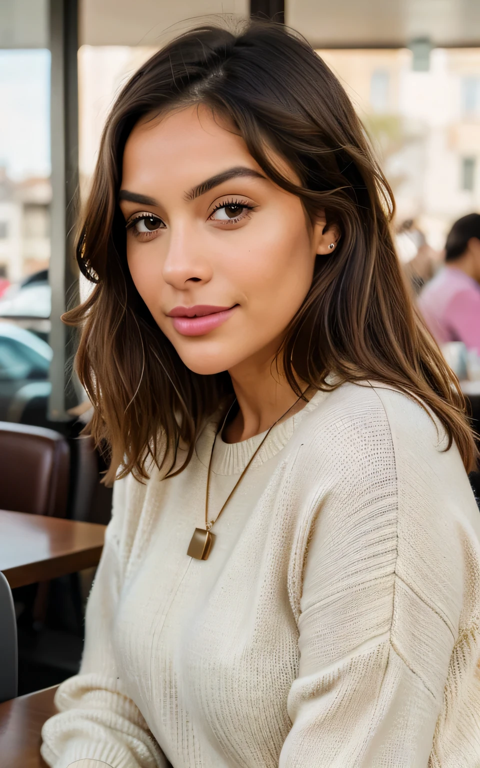 Beautiful brunette with blonde highlights wearing a beige sweater (In a café drinking soda), Very detailed, 22 anos, Rosto inocente, cabelos ondulados naturais, olhos azuis, high resolution, master part, best quality, Alto detalhe intrincado, altamente detalhado, Crisp Focus, pele detalhada, textura de pele realista, textura, olhos detalhados, profissional, 4k, sorriso encantador, filmado na Canon, 85 millimeters, profundidade de campo rasa, Cor Kodak Vision, corpo de ajuste perfeito, extremamente detalhado, fotografia_\(Ultra\), photoreallistic, Realista, Post-processing, maximum details, rugosidade, vida real, Ultra realista, fotorrealismo, fotografia, 8k UHD, fotografia