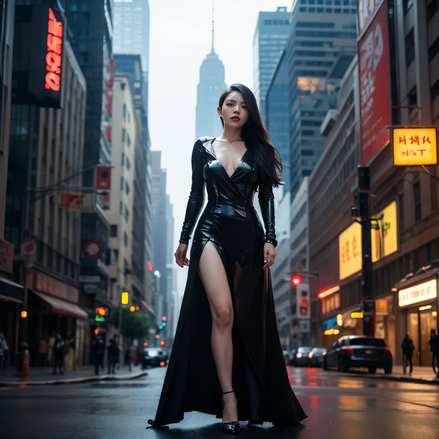 a woman, black hair, long hair, korean, shiny dress, white dress, cyberpunk, futuristic city, ((masterpiece)), ((best quality)), cyberpunk style, detroit become human style.