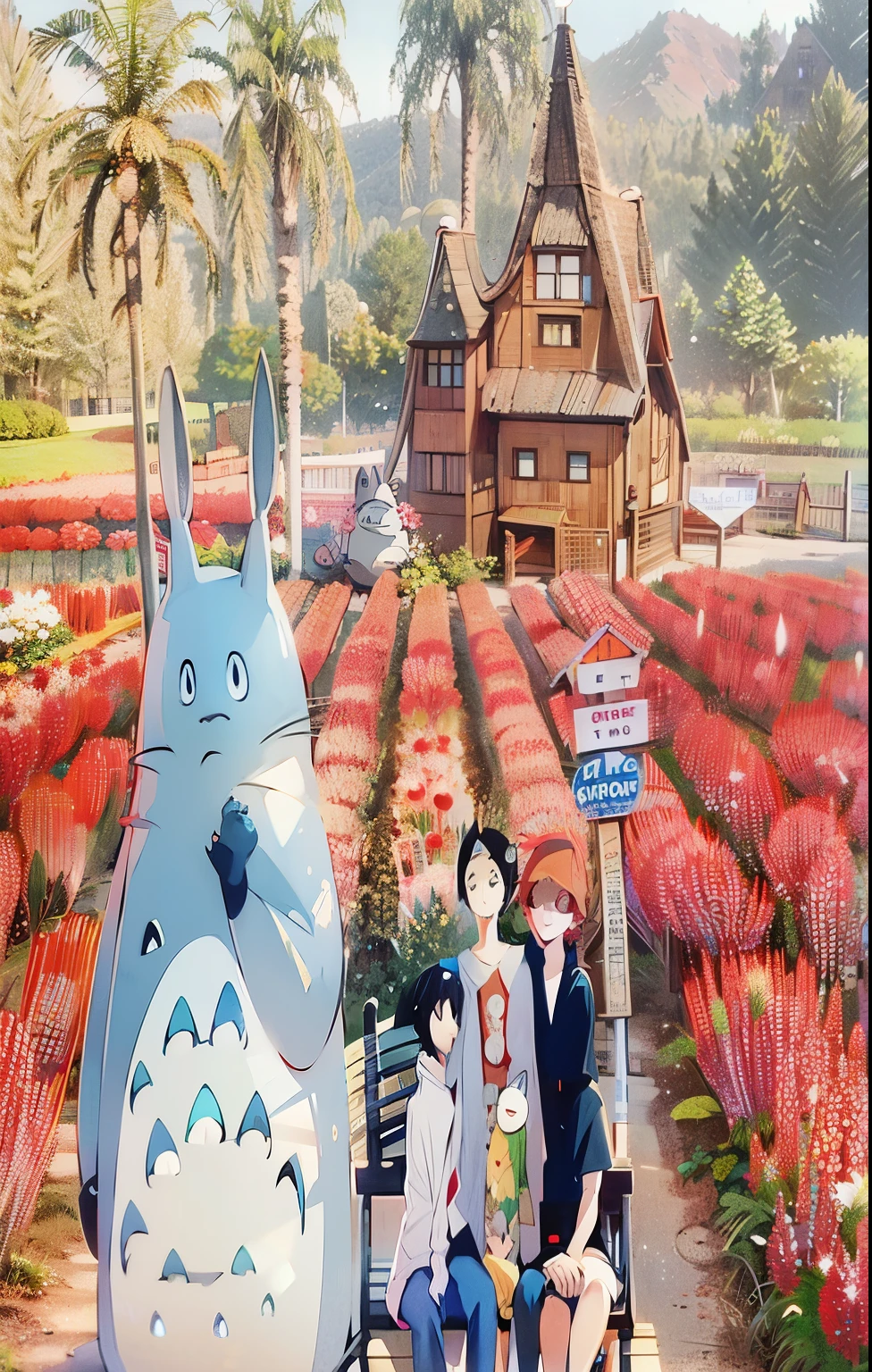 there are four people sitting on a bench in front of a house, with flower fields as foreground, “totoro, my neigbor totoro, abcdefghijklmnopqrstuvwxyz, totoro, my neighbor totoro, ghibli studio, of totoro, real life totoro, photoshot, trending ,, studio ghibli inspired