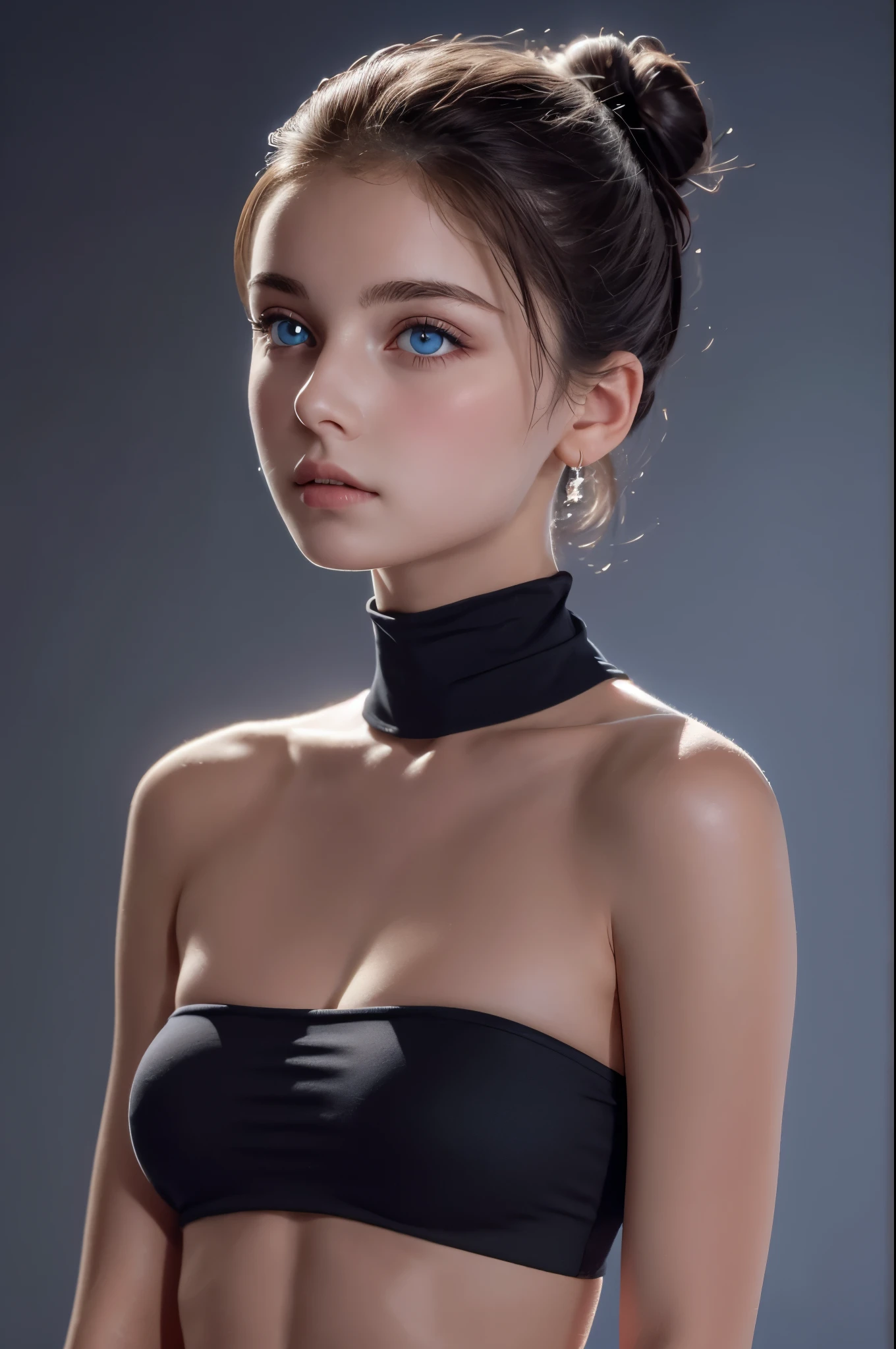 Tight black top:1.2, looking at the audience, Cinema lighting, perfect, soft light, High resolution skin:1.2, Realistic skin texture, 18 years old、a small face、No makeup，Off the shoulders，Bust C cup、blue eyes, bun, dark brown hair、Completely naked、gray background、