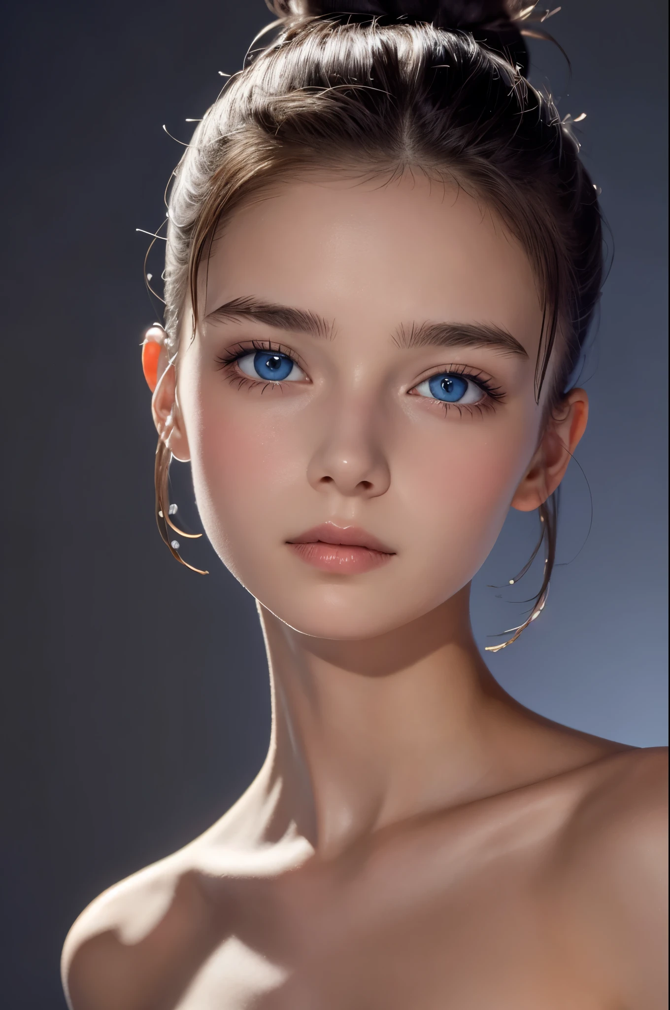 Tight black top:1.2, looking at the audience, Cinema lighting, perfect, soft light, High resolution skin:1.2, Realistic skin texture, 18 years old、a small face、No makeup，Off the shoulders，Bust C cup、blue eyes, bun, dark brown hair、Completely naked、gray background、