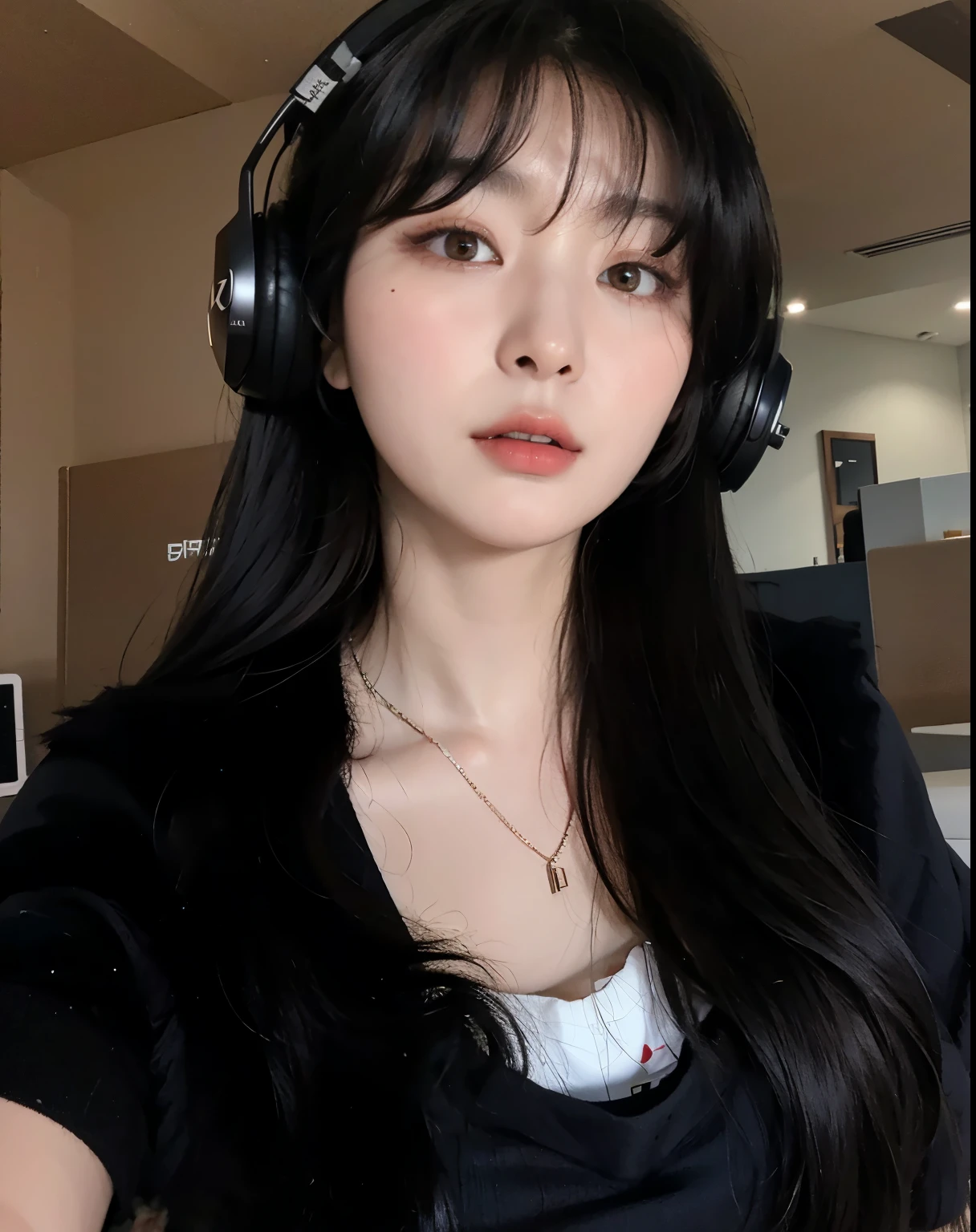 arafa asian woman wearing headphones and a black top, Ulzzang, com fones de ouvido,  coreana, linda mulher sul-coreana, usando fones de ouvido pretos, young lovely korean face, linda jovem coreana, adorable and pale korean face, com fones de ouvido, linda jovem coreana, Portrait of female Korean idol, ela tem cabelo preto com franja, profile picture with headshot