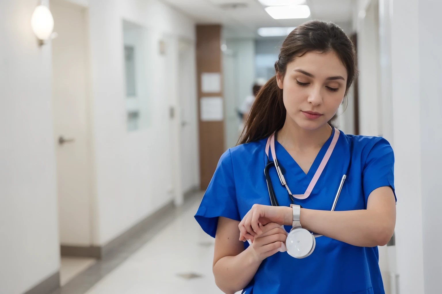 cropped woman in blouse checking her wrist with a watch, health care worker, allaitement, nurse scrubs, health care, porter une blouse d&#39;hospital, nurse, nurse girl, tenant a bâton de caducée, with a stethoscope, sur fond sombre, porter une blouse d&#39;hospital blanche, porter une blouse de laboratoire et un chemisier, un cadre magnifique, half-view photo, portrait