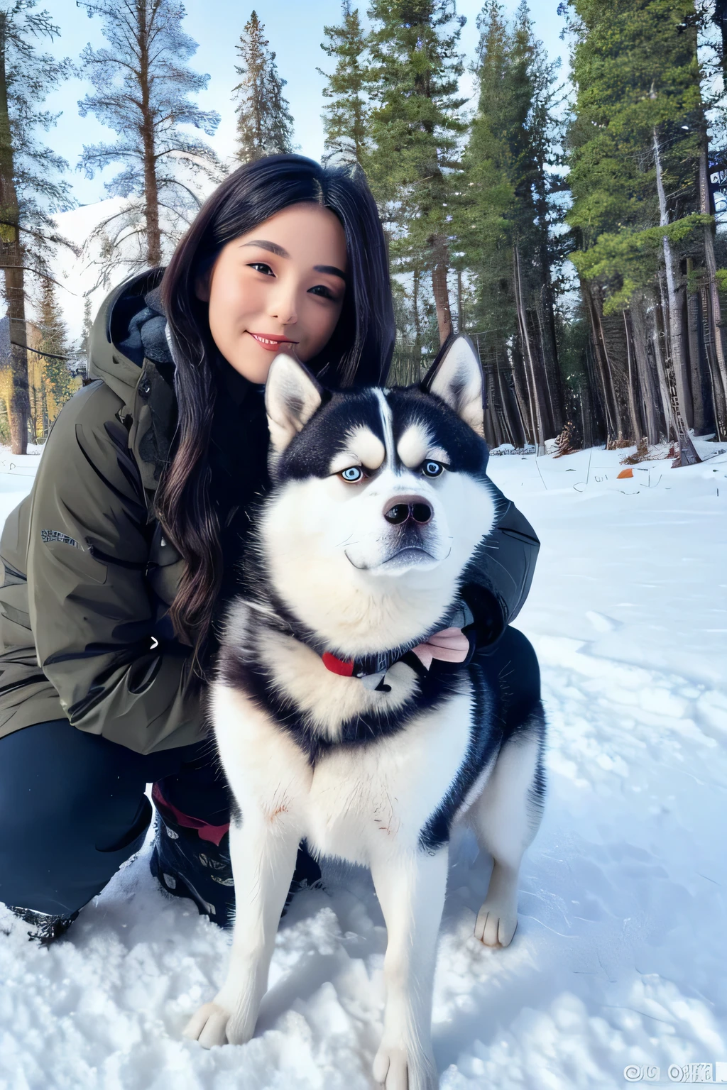 24-year-old girl, and a husky, On the snow, snow mountains, ln the forest.