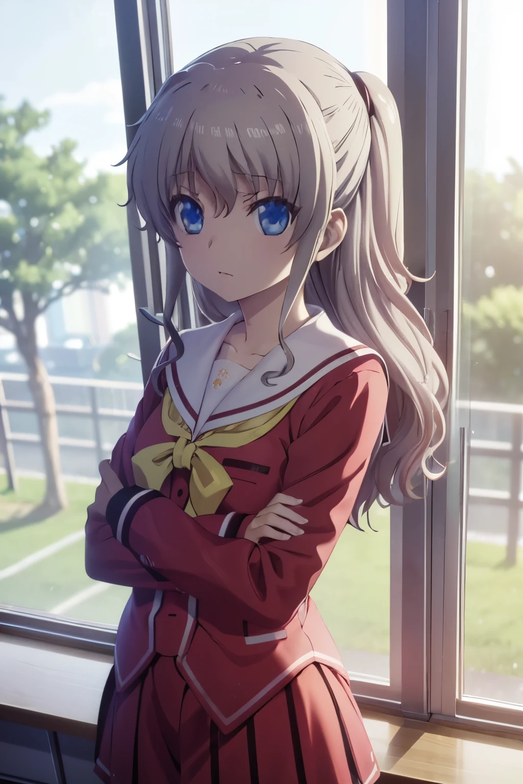 (((picture perfect))), (absurdres), 1girl, solo, nao tomori, school uniform, serafuku, red shirt, looking at viewer, classroom, window, light leaks