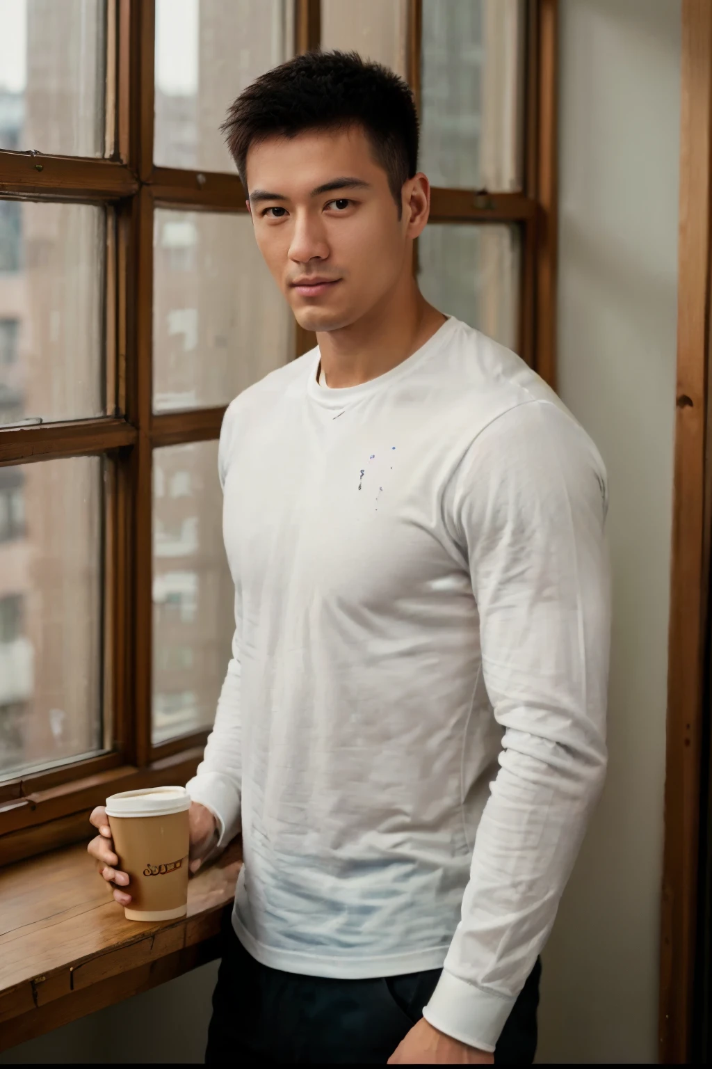 One man In the building, full body standing next to the window,
a 25 y.o muscular male wearing a long-sleeve white shirt and holding a cup of coffee, drinking coffee,
soft lighting,
masterpiece, best quality, 8k uhd, dslr, film grain, Fujifilm XT3 photorealistic painting art by midjourney and greg rutkowski