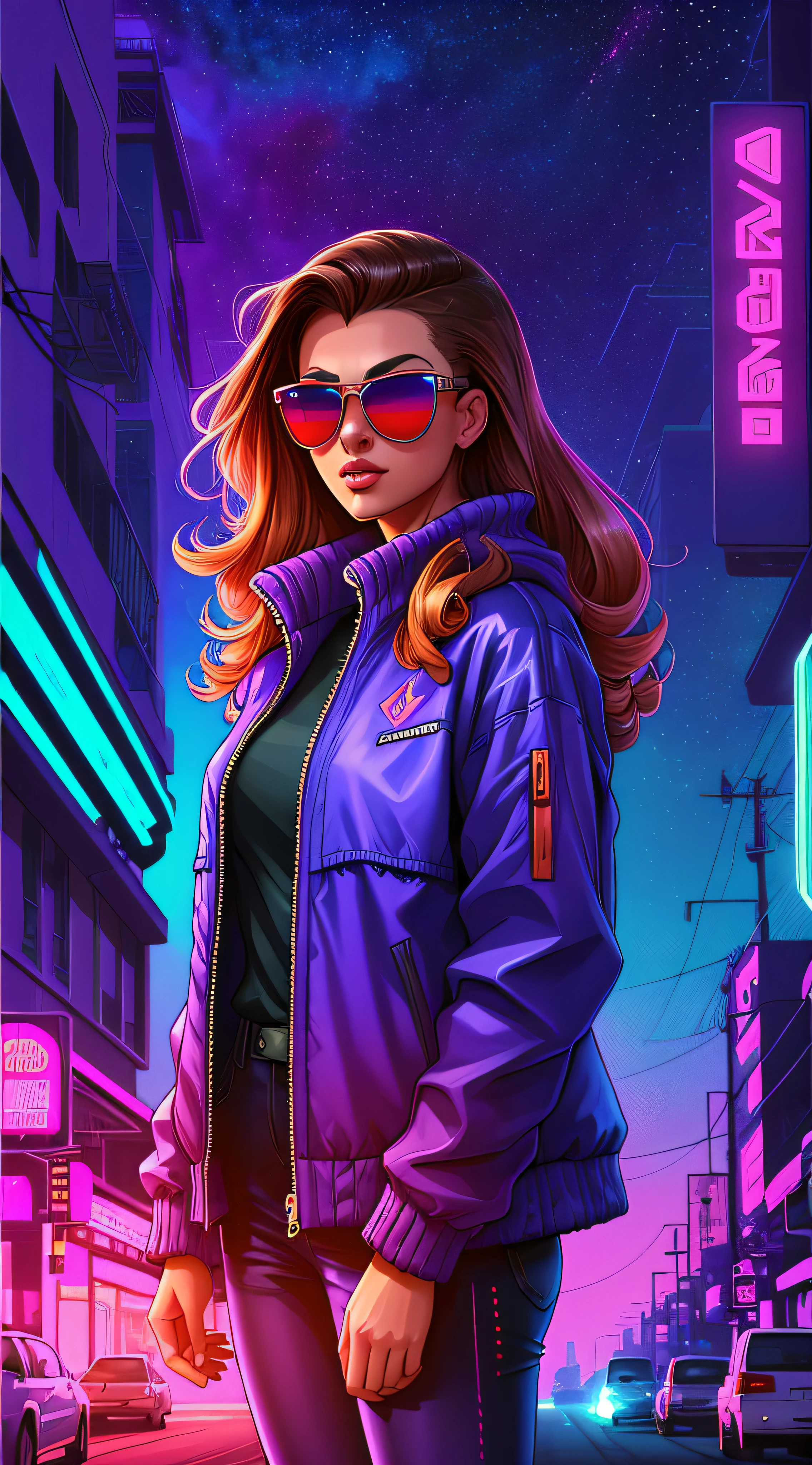 araffe femme avec des lunettes de soleil et une veste violette debout dans la rue, Alena Aenami et Android Jones, juste une blague, chef-d&#39;Oeuvre de l&#39;epic retrowave art, art synthwave, art synthwave style, inspired by synthwave, Alena Aenami et Artgerm, stunning digital illustration, art synthwave style ]!!, style d&#39;alena aenami