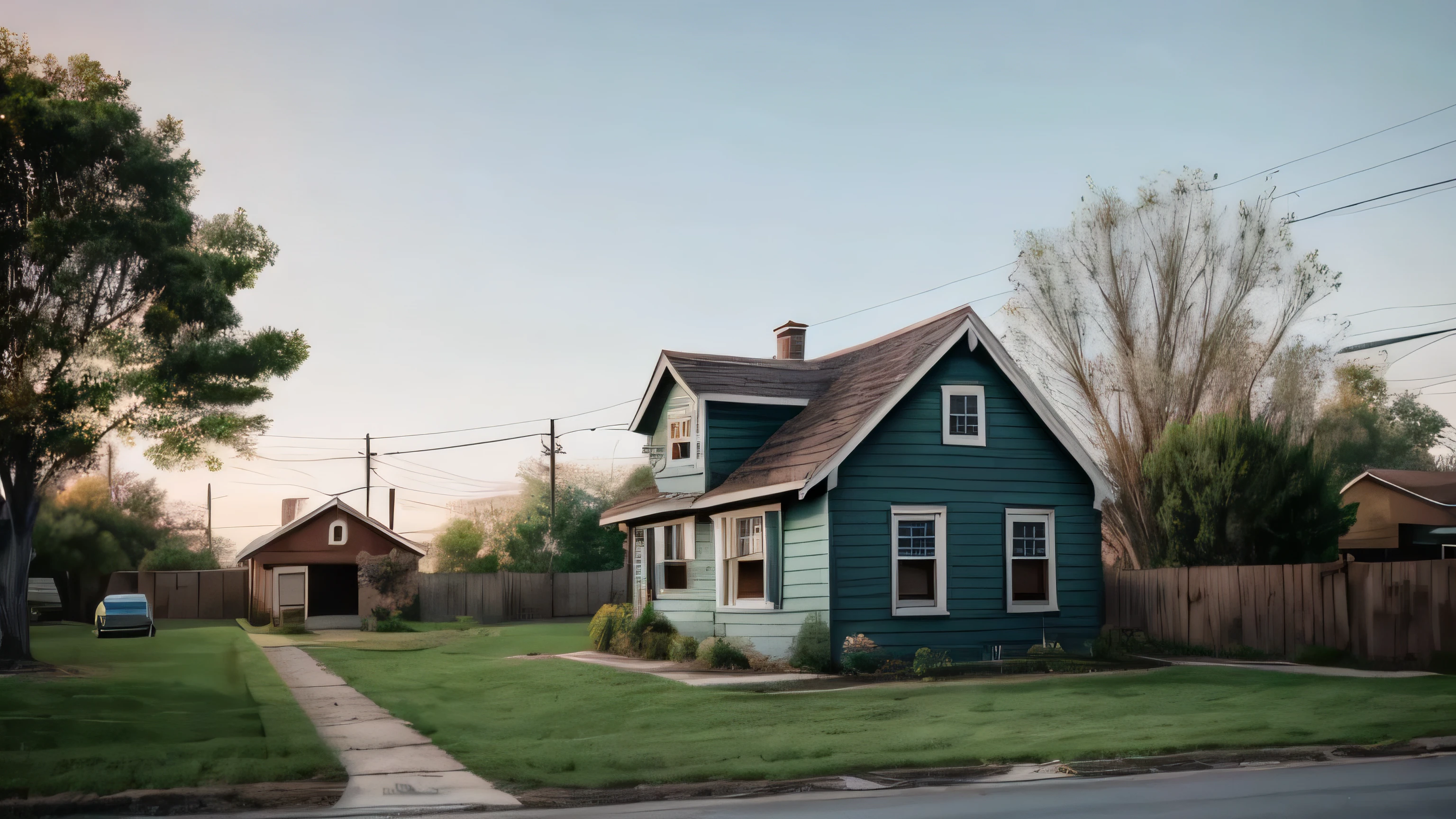 old small house in an american neiberhood, warm cinematic colors