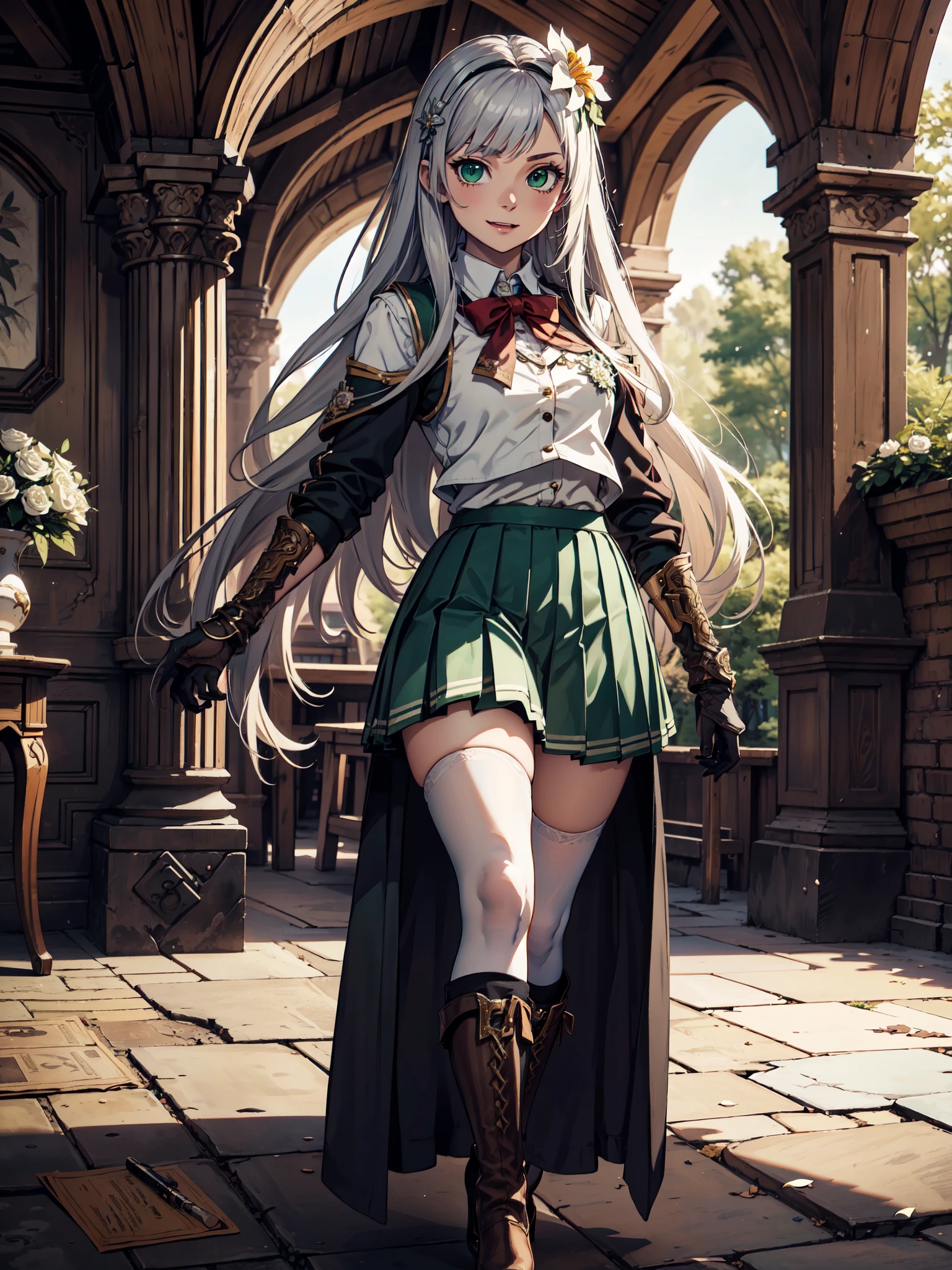 Ultra High Definition, Ultra High Quality, Hyper Definition, Hyper Quality, Hyper Detailed, Extremely Detailed, Perfectly Detailed, 8k, 1 Anime Female,  Long Silver Hair, Women's Vest, ((Luxury School Pleated Skirt)), Brown Boots On Heels, Tights, Gloves, Solid Green Eyes, Cheerful Expression, White Flower Barrette, Dressed in School Uniform , Forest Panoramic Background