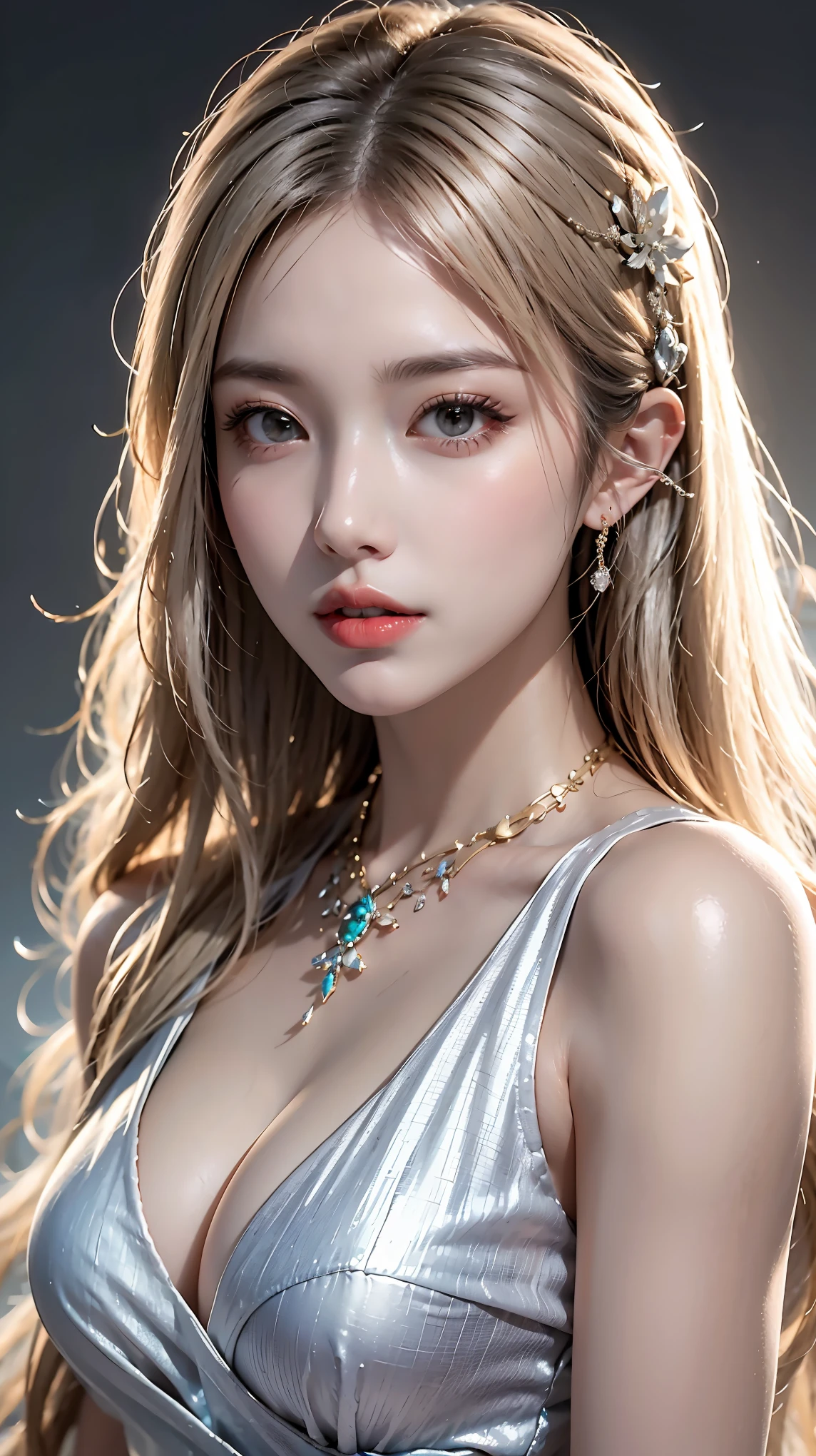best quality, masterpiece, highres, 1girl,china dress,hair ornament,necklace, jewelry,Beautiful face,upon_body, tyndall effect,photorealistic, dark studio, rim lighting, two tone lighting,(high detailed skin:1.2), 8k uhd, dslr, soft lighting, high quality, volumetric lighting, candid, Photograph, high resolution, 4k, 8k, Bokeh, blonde hair,