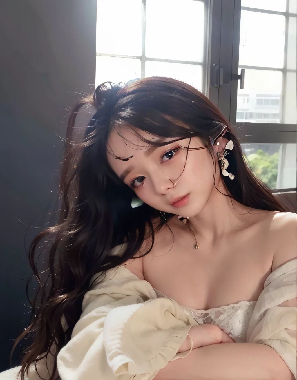 um close up de uma mulher com um vestido branco sentada em uma cama, linda mulher sul-coreana,linda jovem coreana, linda jovem coreana, coreana, linda atriz coreana, profile picture with headshot, young lovely korean face, maquiagem sul-coreana popular, kim yoojung, linda atriz