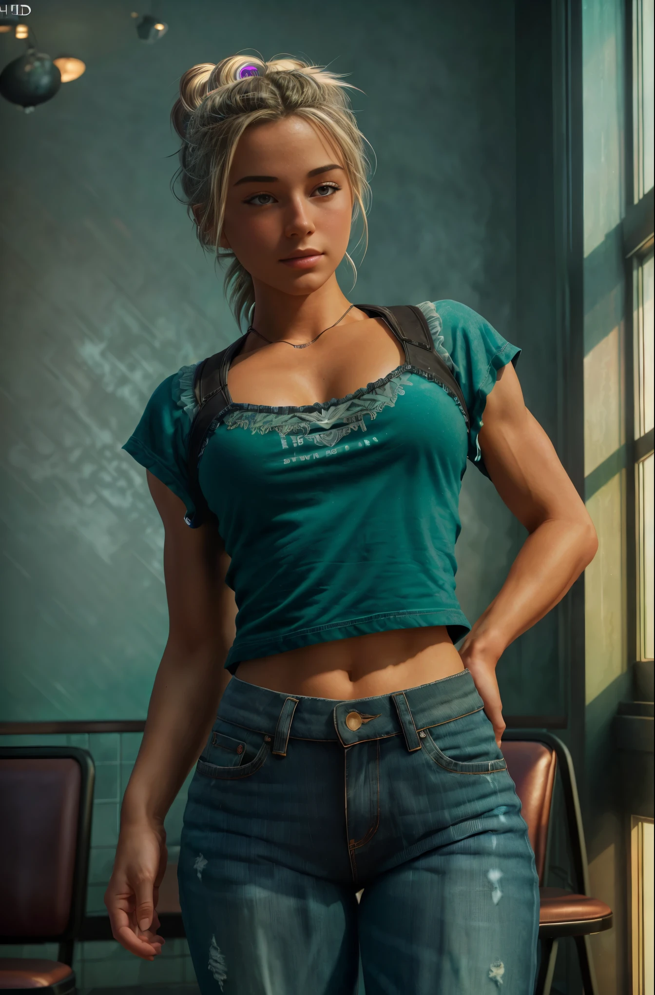 (dark shot:1.4), 80mm, a beautiful heavily muscled iffb pro female blondie czech bodybuilder, working as a (waitress:1.1) at (a diner:1.2), weared in white shirt, blue apron, jeans, ponytail, (natural skin texture, hyperrealism, soft light, sharp), (intricate details:0.9), (hdr, hyperdetailed:1.2), soft light, sharp, exposure blend, medium shot, bokeh, (hdr:1.4), high contrast, (cinematic, teal and orange:0.85), (muted colors, dim colors, soothing tones:1.3), low saturation, (hyperdetailed:1.2), (noir:0.4)  