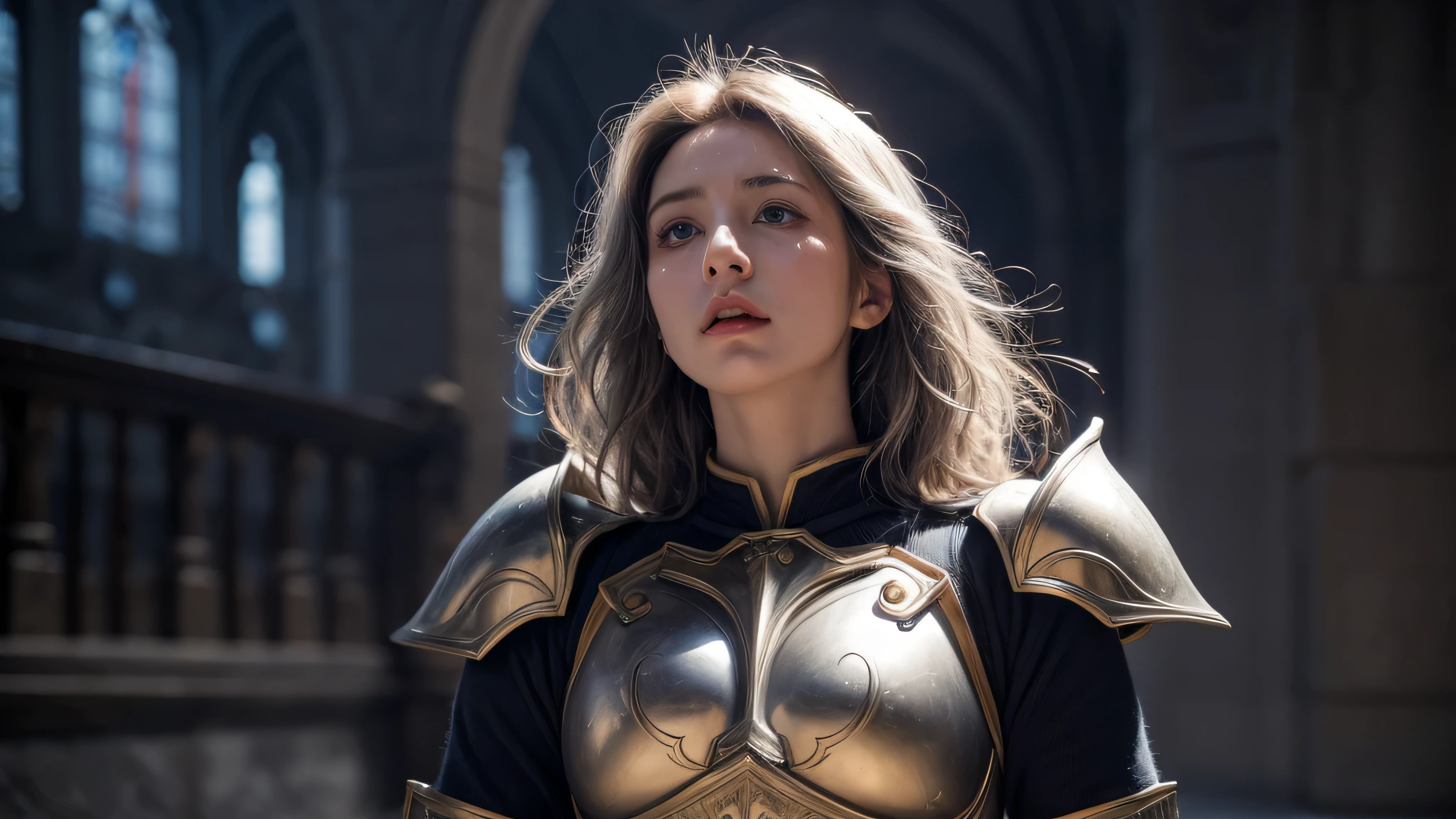 1girl princess, paladin armor, blue eyes, blurry, at hall castle blurry background, blurry foreground, breastplate, grey hair, depth of field, Long wavy haircut, looking up, pray pose, tears, motion blur, shoulder armor, solo, tears, full body, long sword (realistic face:1.1)