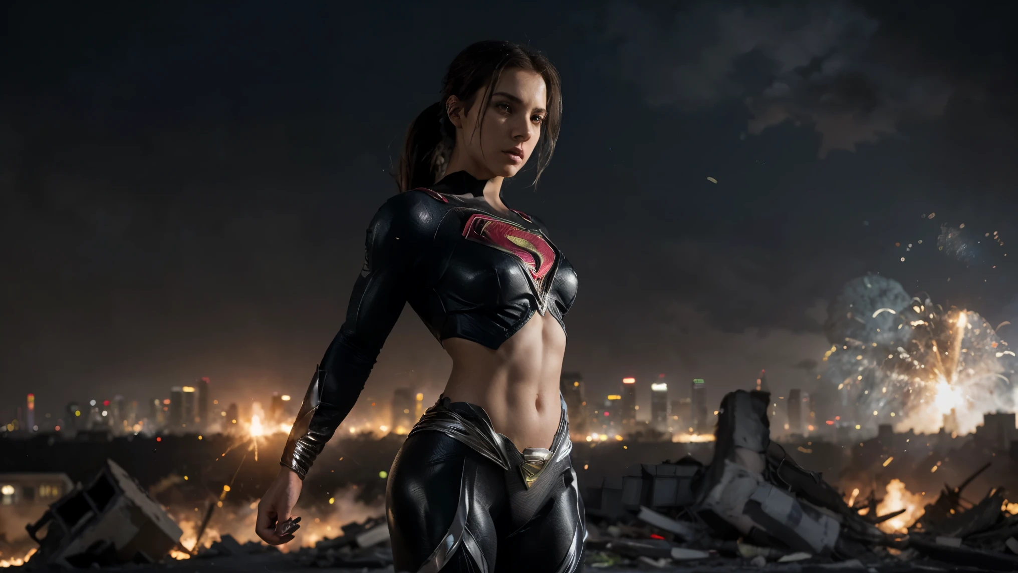 1girl, solo, action shots of female, blonde hair in a ponytail, ((wearing a skimpy revealing black and silver version of the evil superman suit man of steel)), small breats, boob window, (explosions in the background a city in ruins), Style-BladeRunner2049-8v Intricate, High Detail, Sharp focus, dramatic,