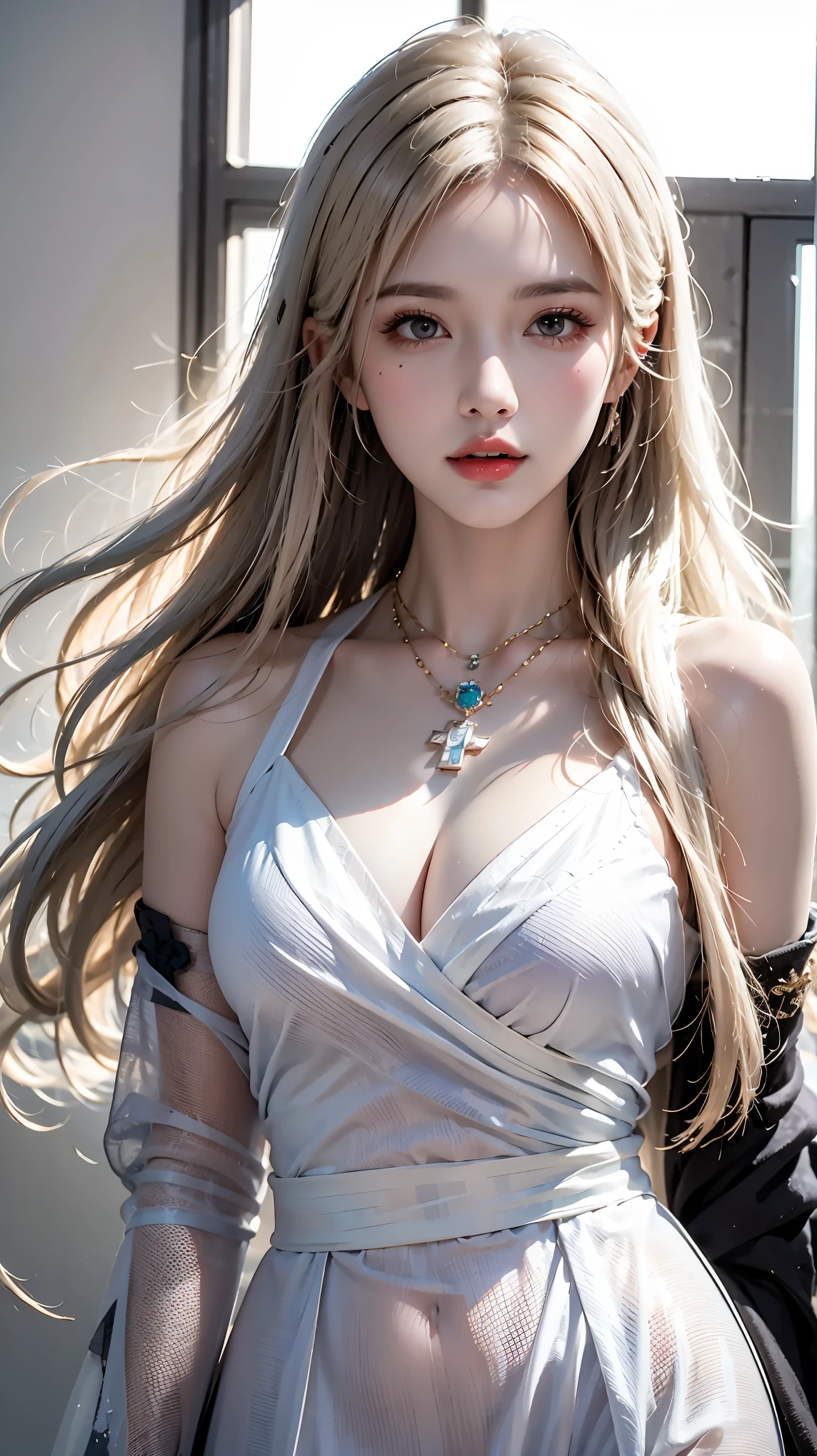 best quality, masterpiece, highres, 1girl,china dress,hair ornament,necklace, jewelry,upon body, tyndall effect,photorealistic, dark studio, rim lighting, two tone lighting,(high detailed skin:1.2), 8k uhd, dslr, soft lighting, high quality, volumetric lighting, candid, Photograph, high resolution, 4k, 8k, Bokeh, blonde hair,  